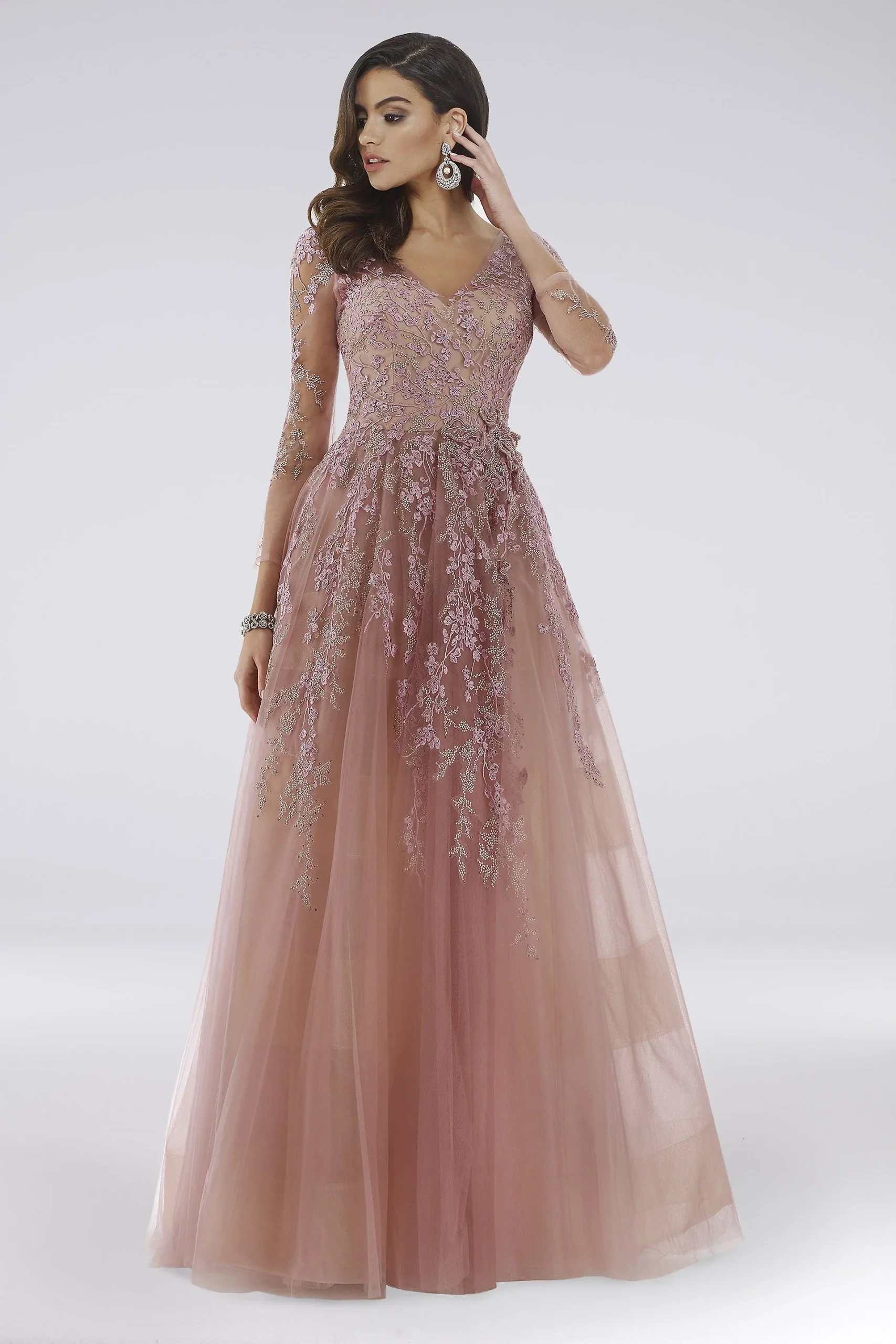 Lara Davi Floral Applique Lace Ball Gown
