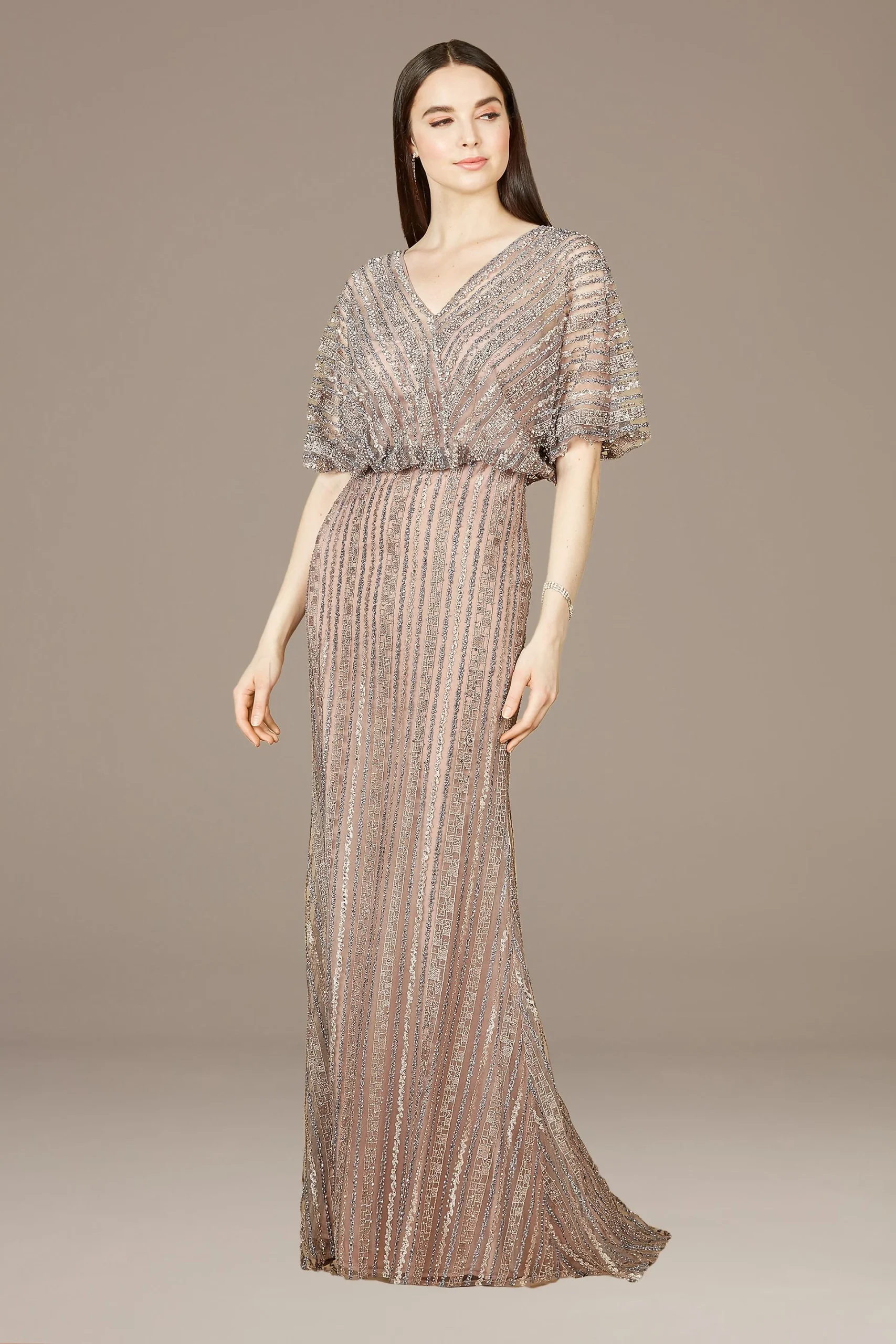 Lara Embroidered Blouson Gown with Cape Sleeves
