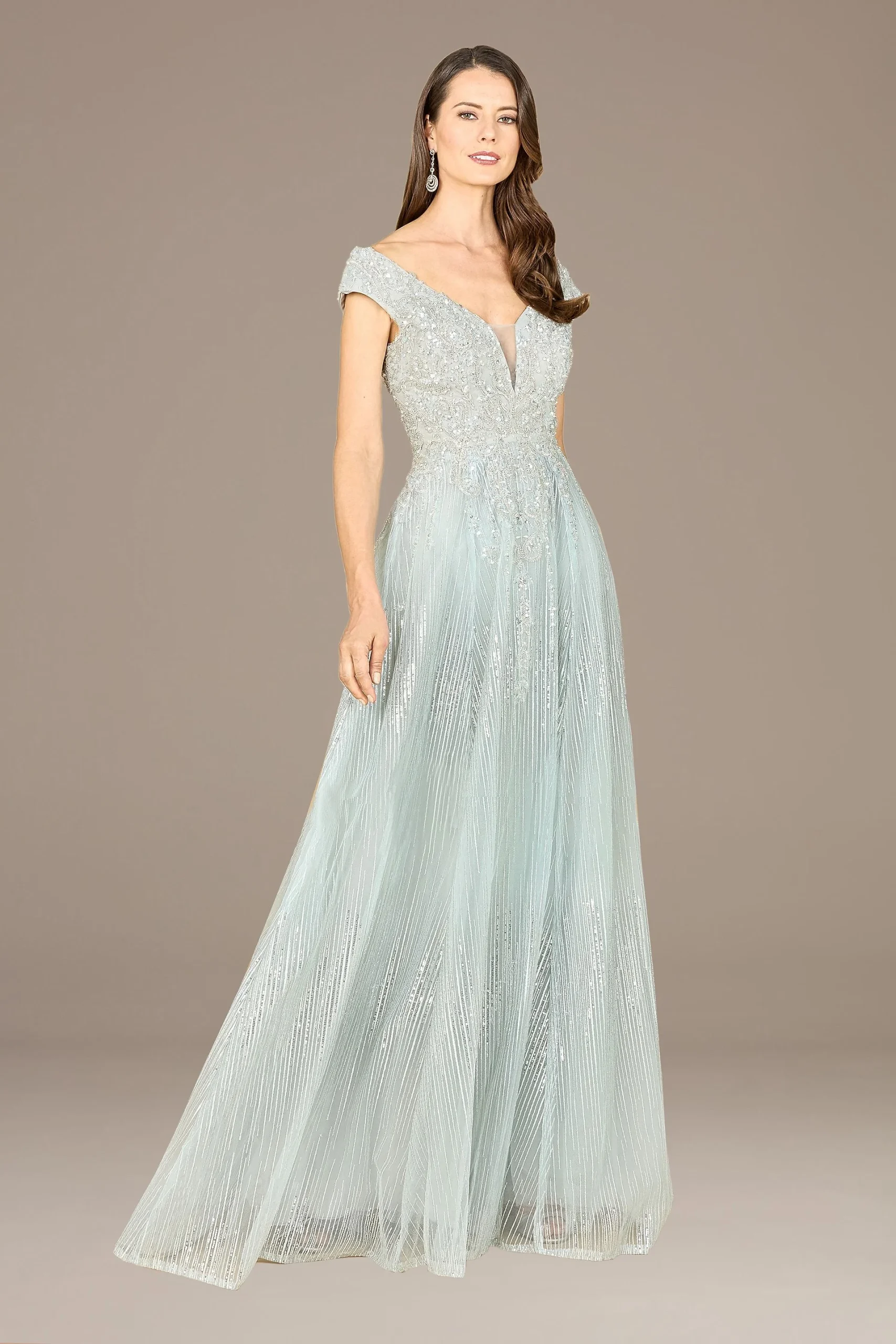 Lara Embroidered Cap Sleeve Ball Gown Dress