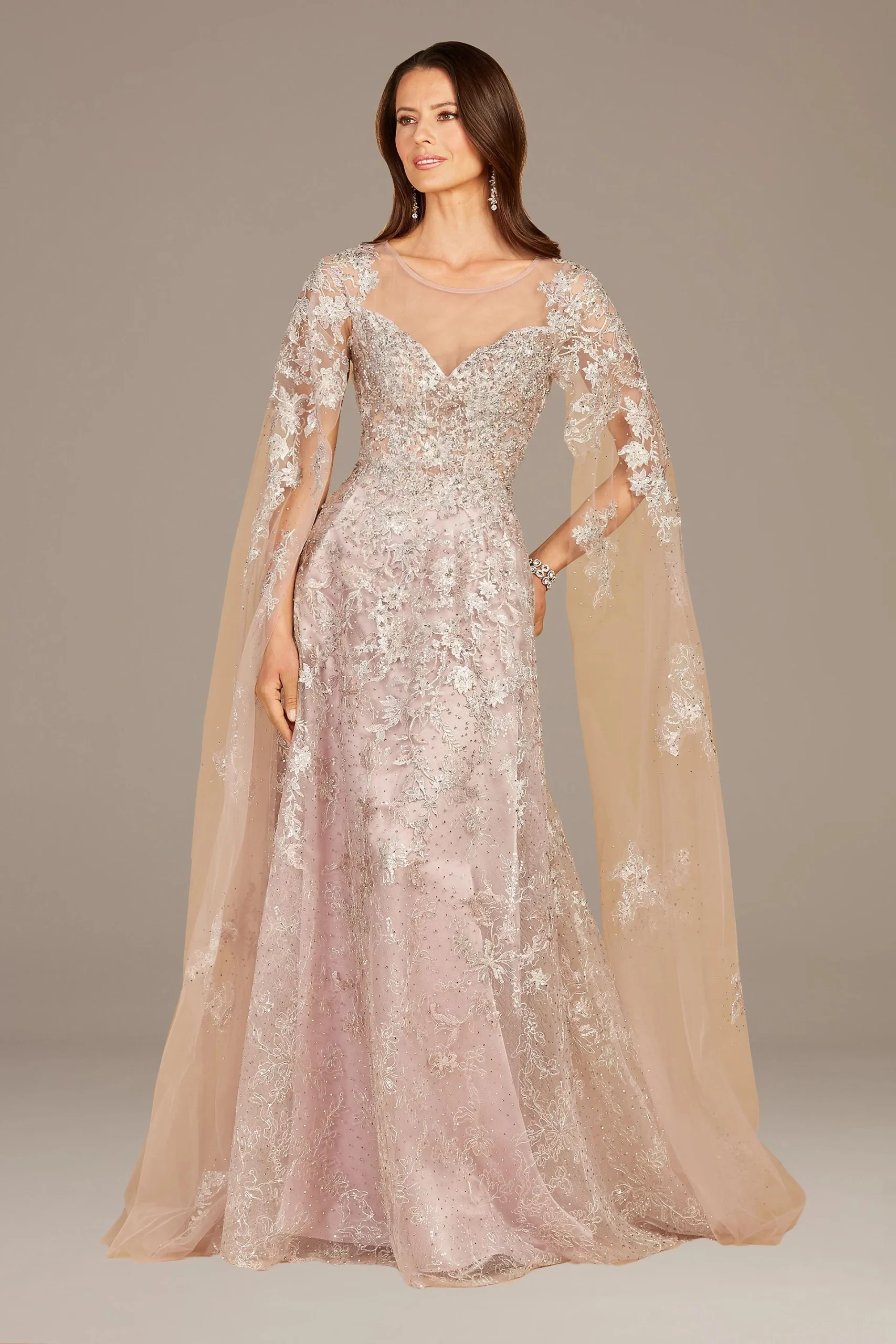 Lara Embroidered Cape Sleeve Ball Gown