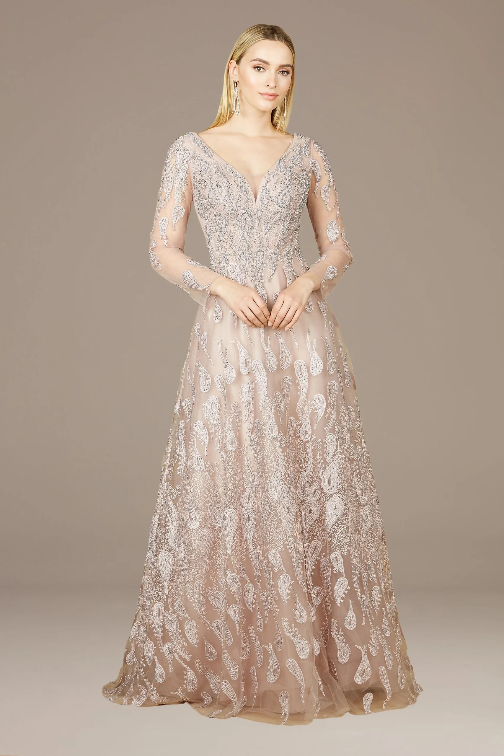 Lara Embroidered Illusion Long Sleeve Ball Gown