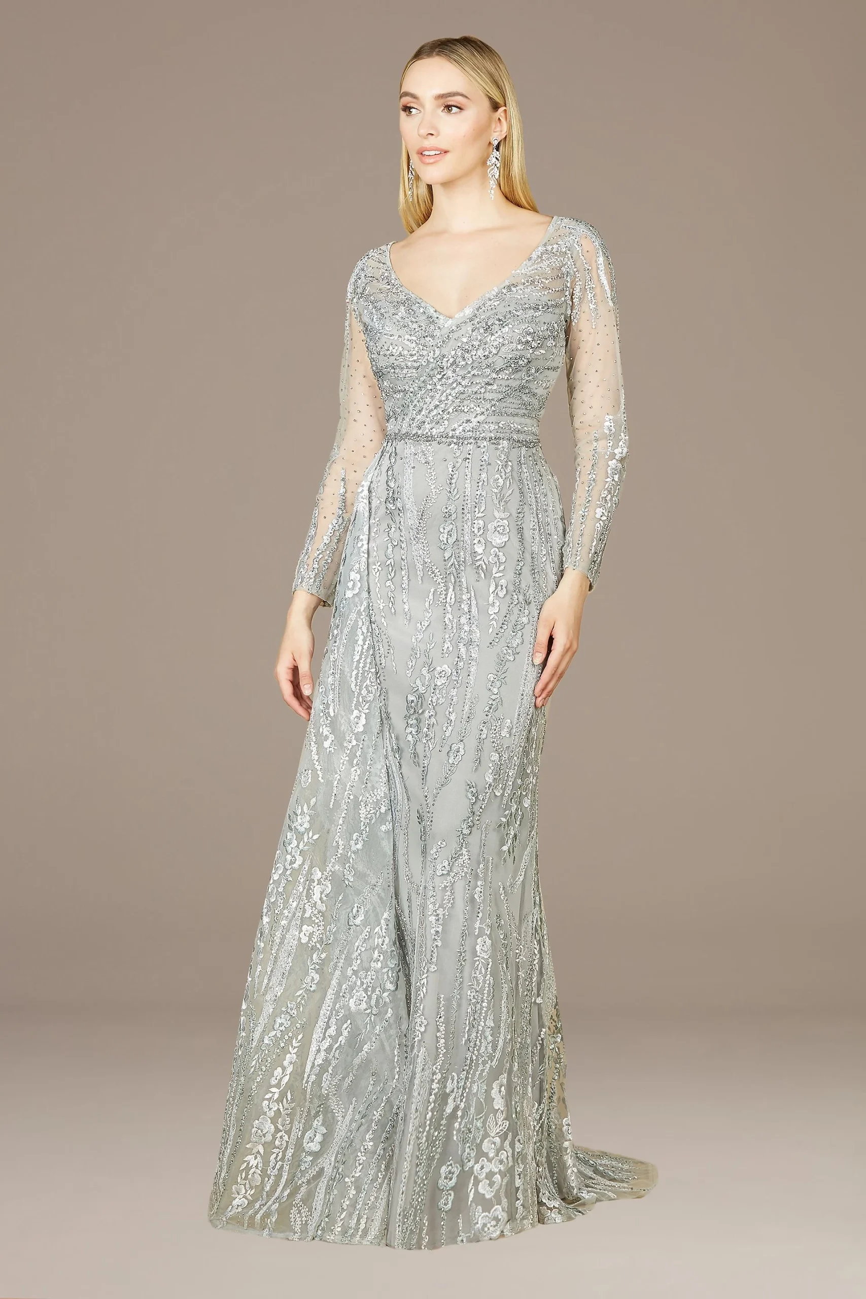 Lara Embroidered Long Sleeve Gown with Side Skirt