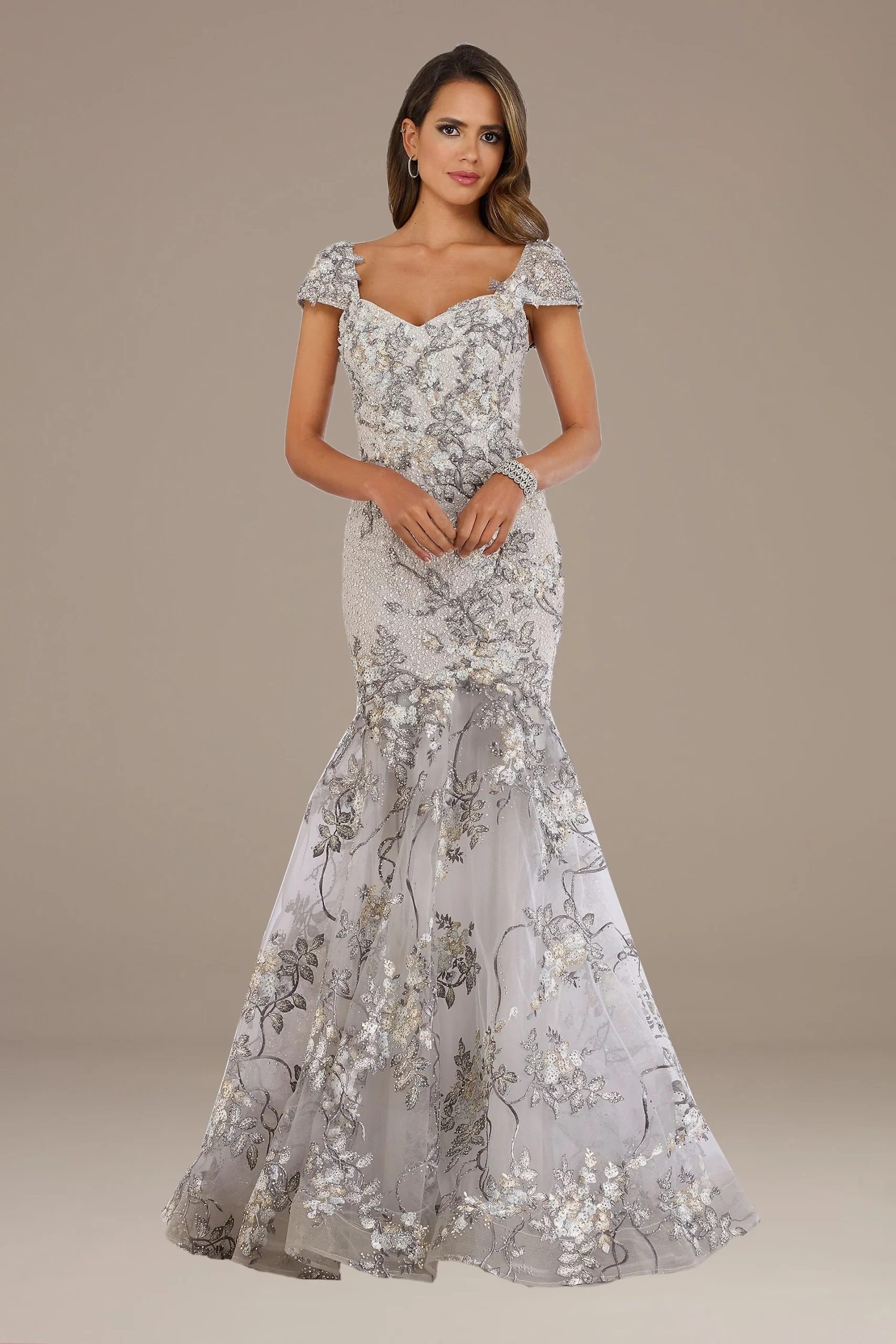 Lara Embroidered Mermaid Gown with Cap Sleeves