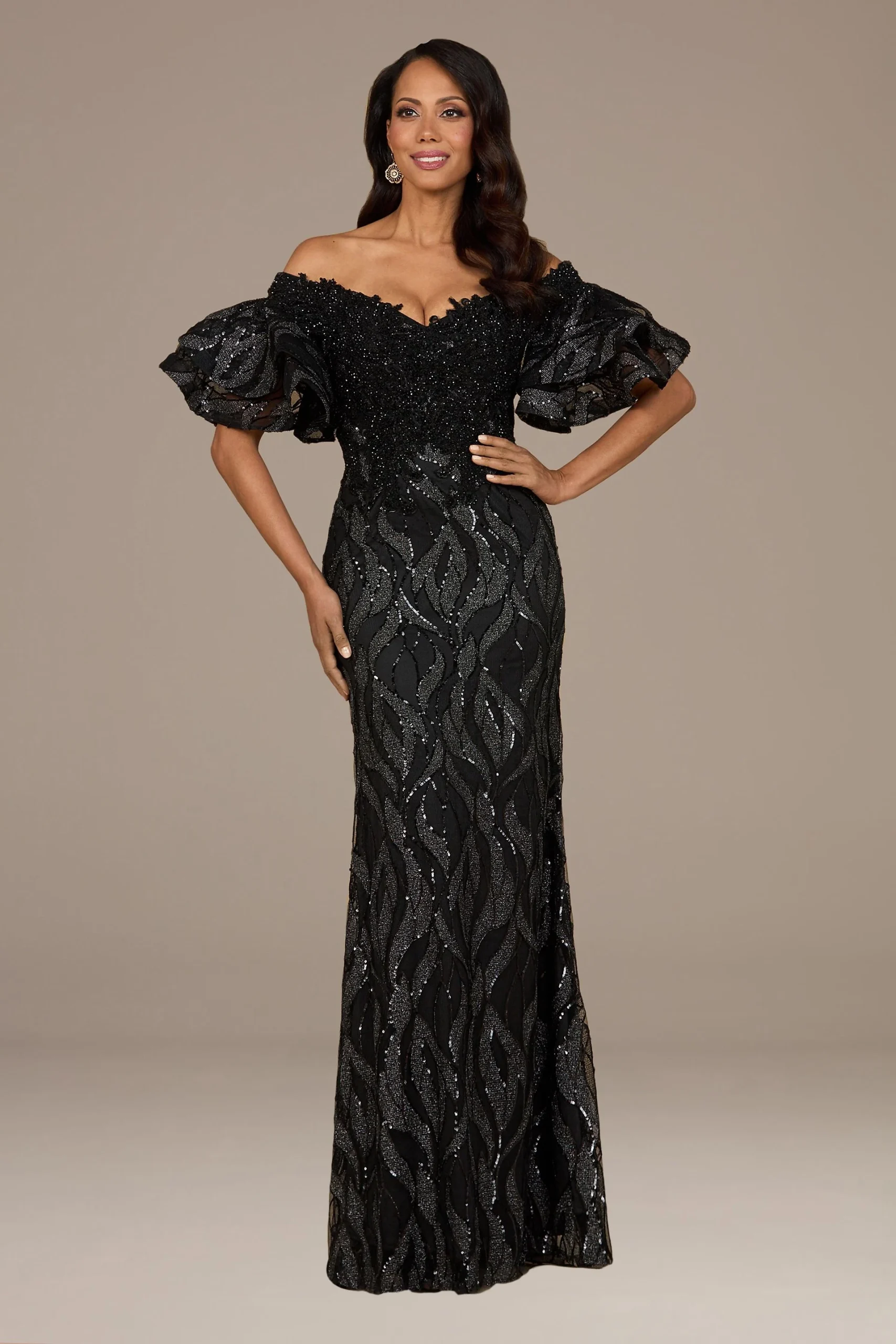 Lara Embroidered Mermaid Gown with Tiered Sleeves