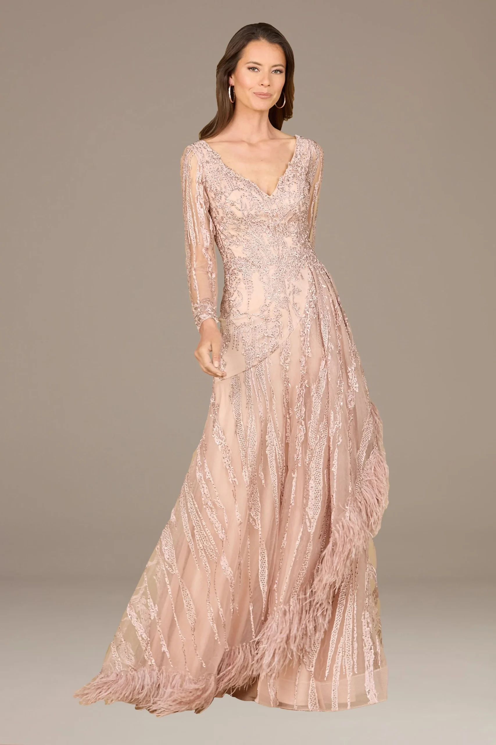 Lara Embroidered V-Neck Dress with Feathers