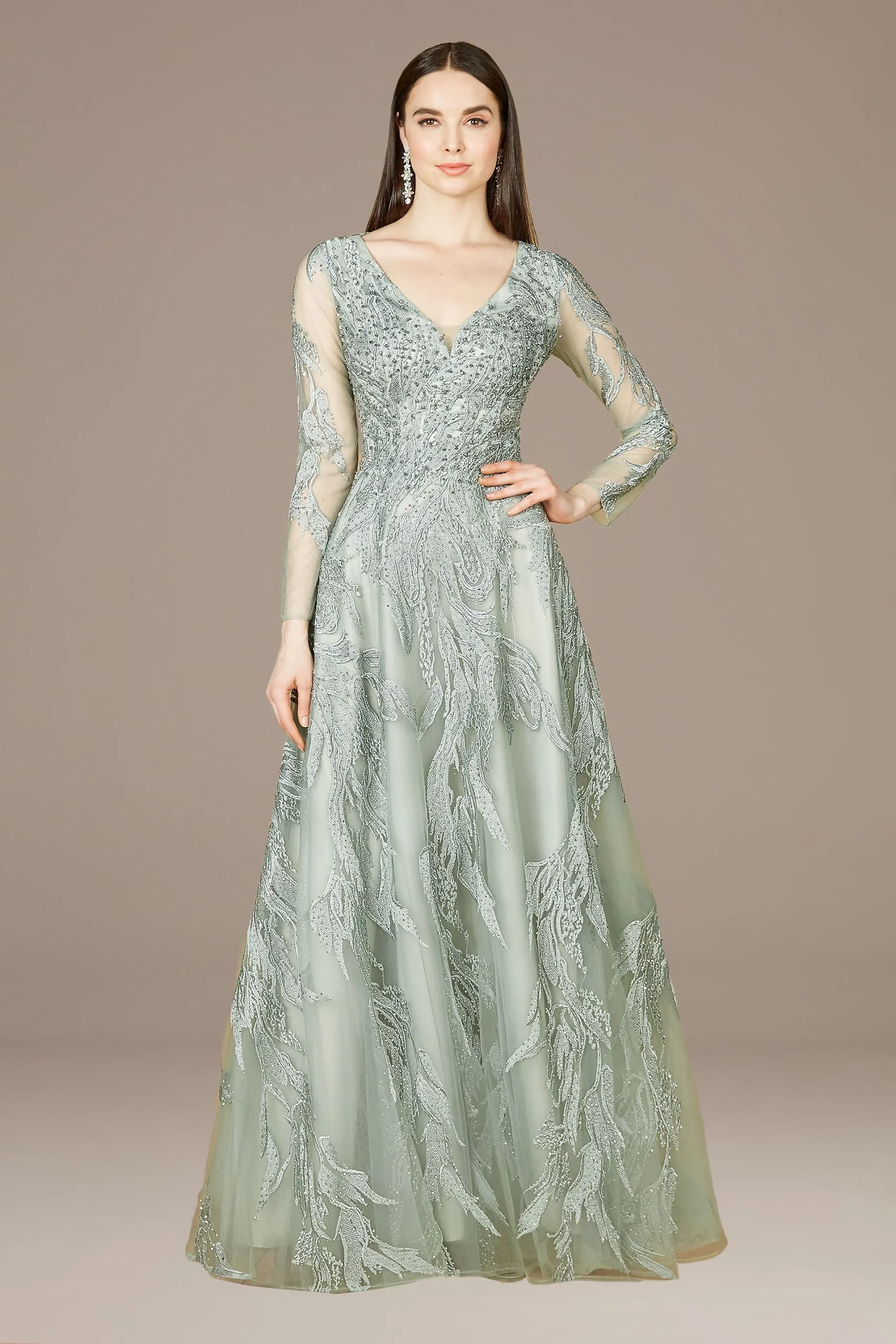 Lara Embroidered V-Neck Long Sleeve Ball Gown