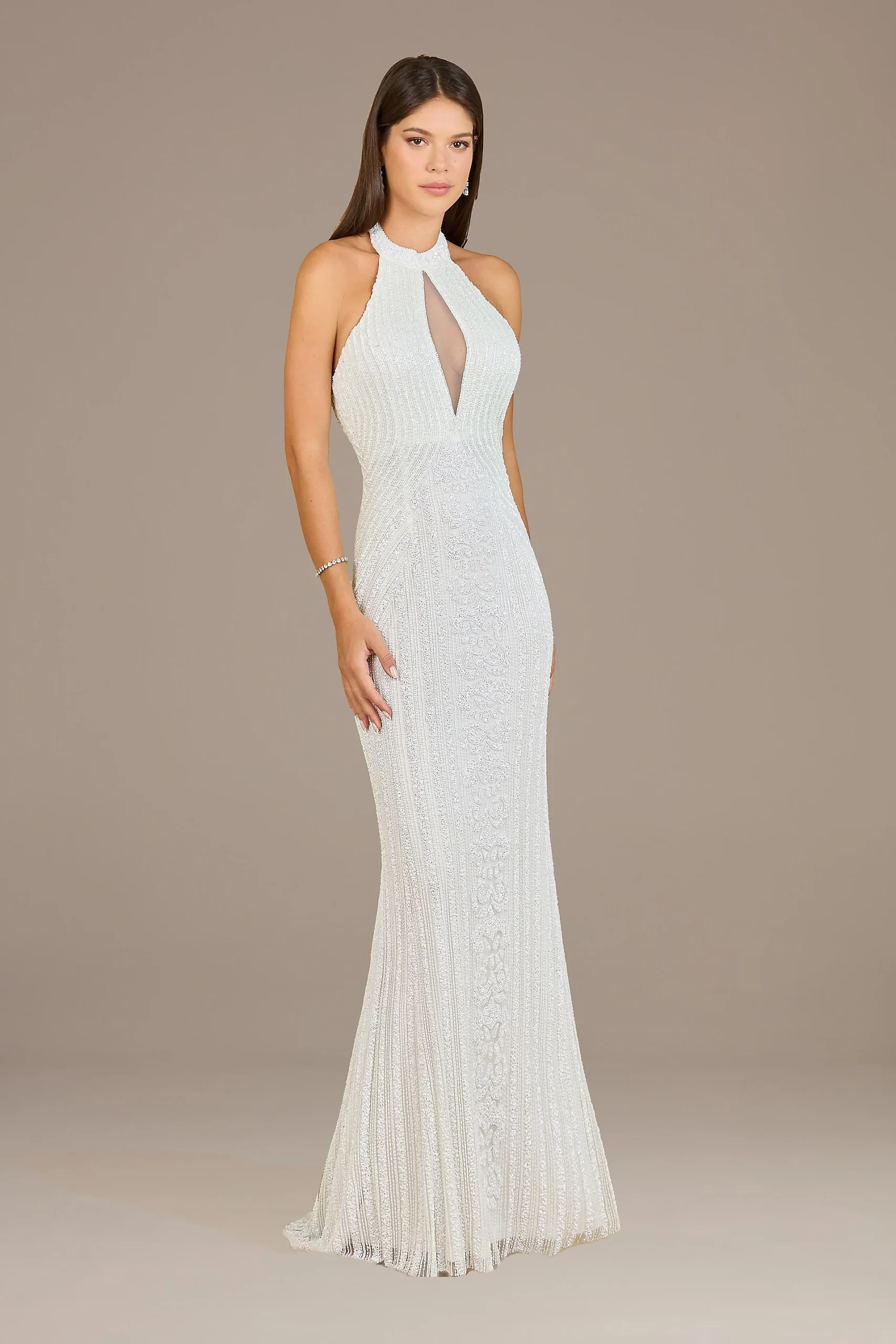 Lara Hanna Halter Cutout Beaded Gown
