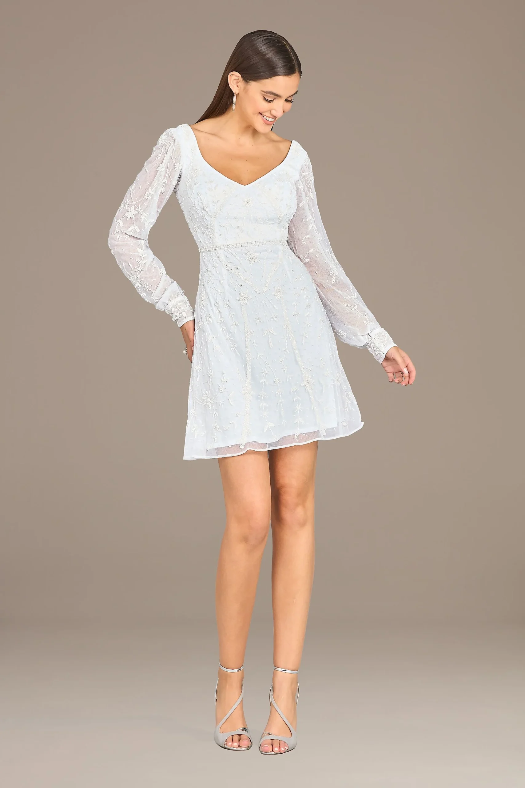 Lara Heidi V-Neck Beaded Long Sleeve Short Dress