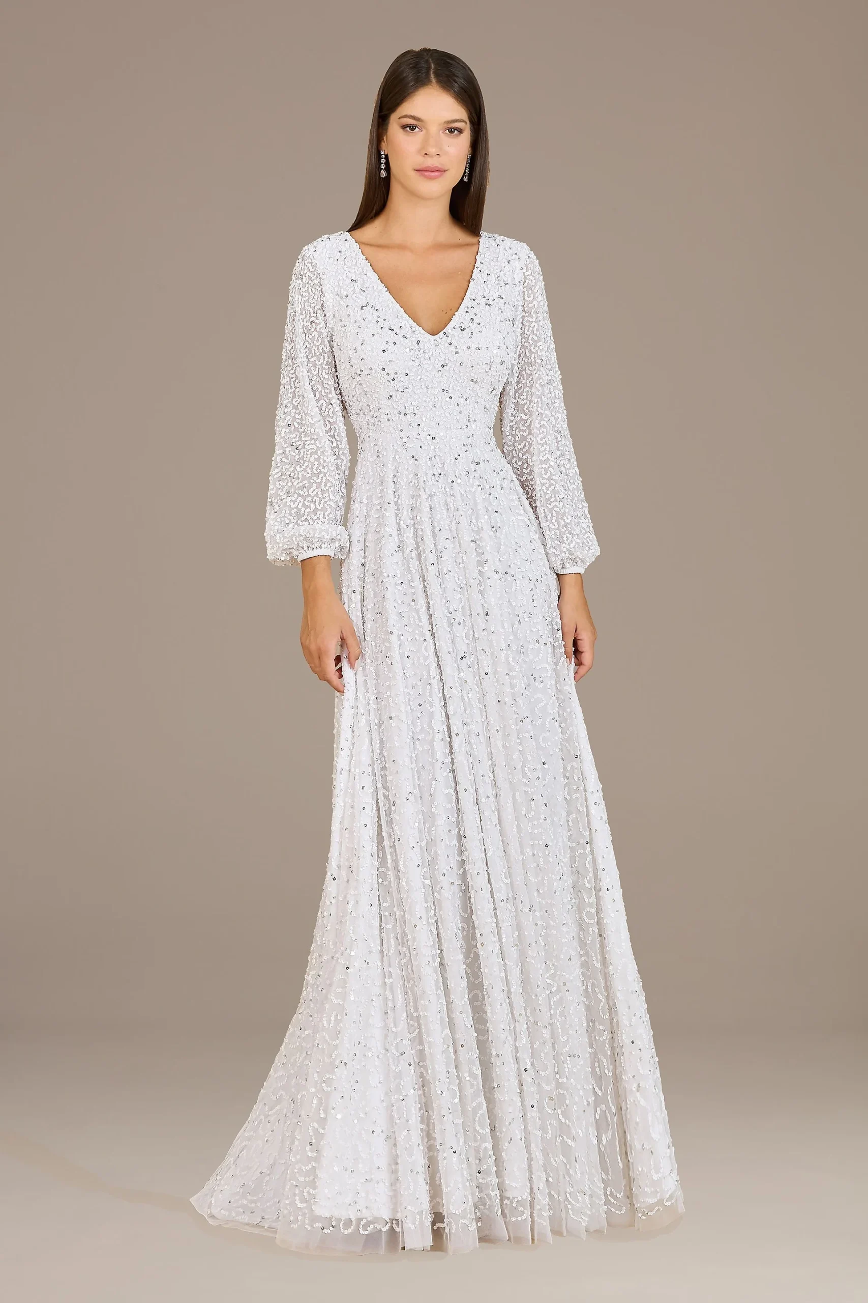 Lara Hera V-Neck Beaded Long Sleeve Gown