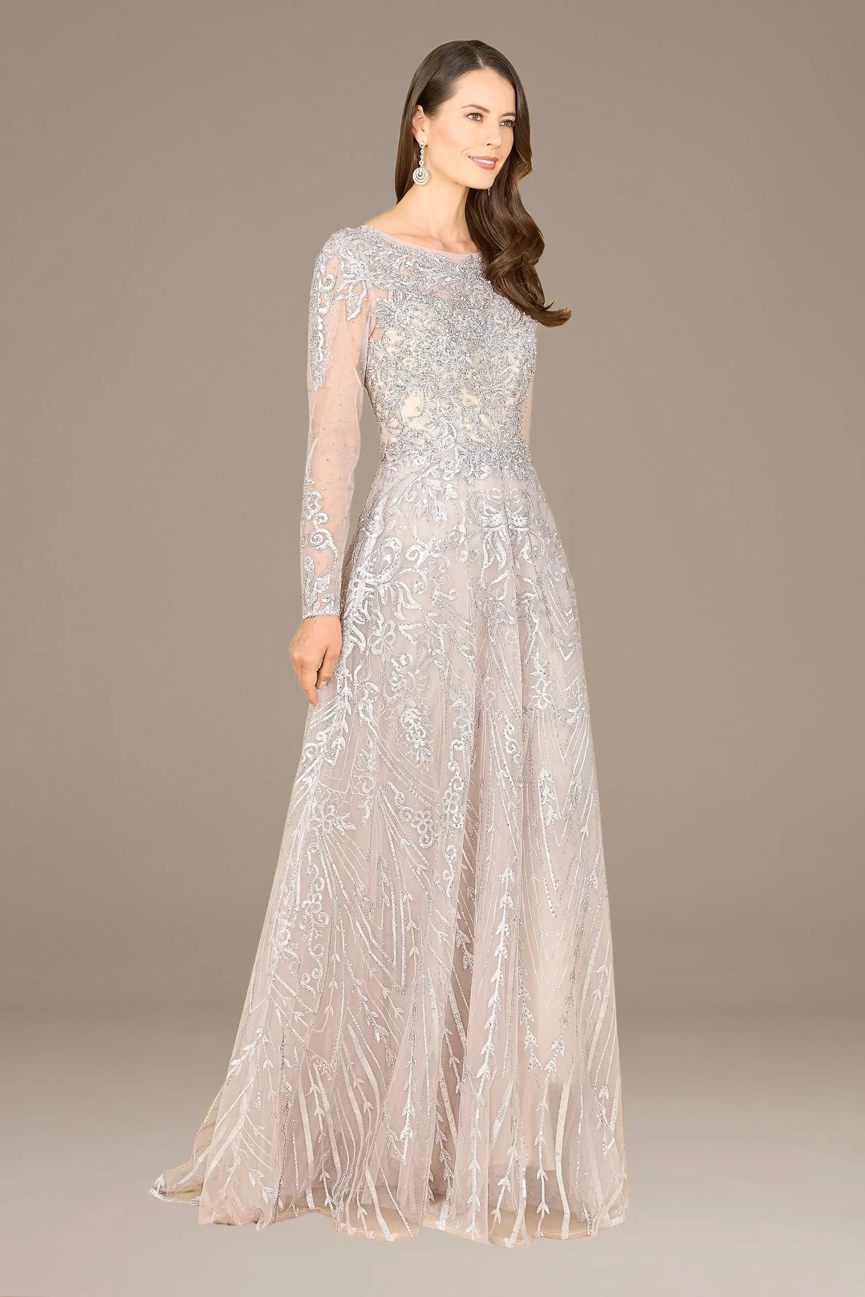 Lara High Neck Long Sleeve Embroidered Ball Gown