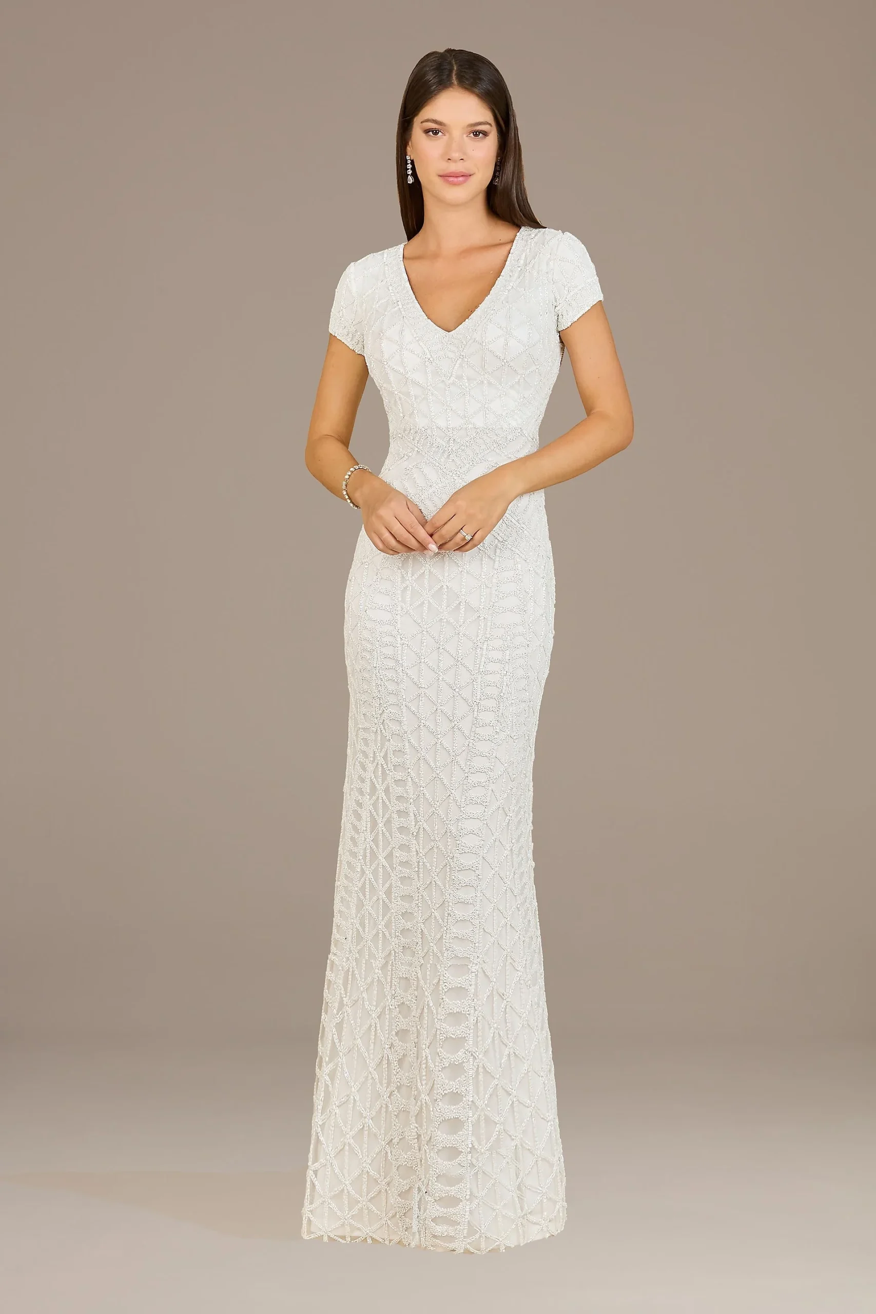 Lara Hilda V-Neck Beaded Cap Sleeve Gown
