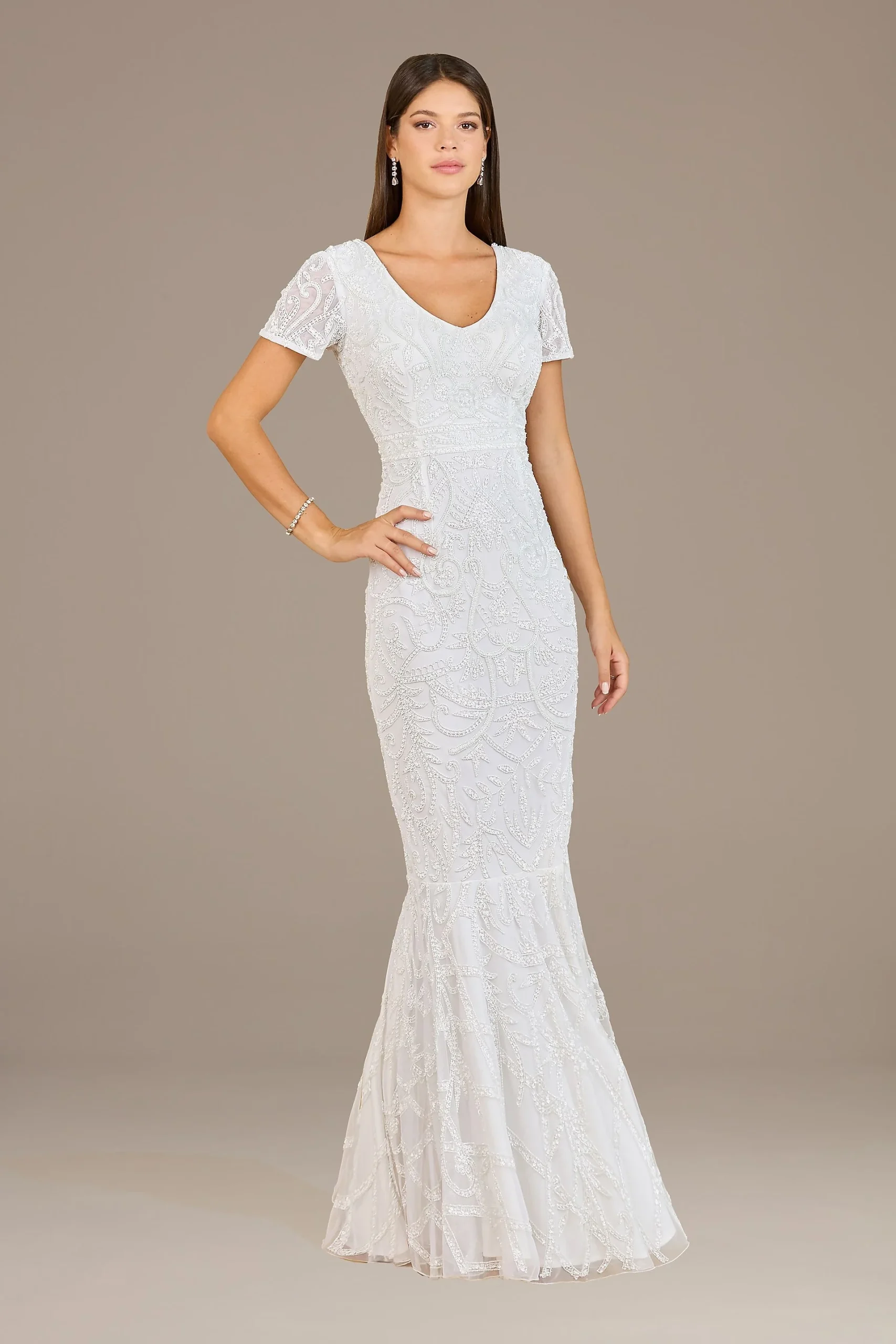 Lara Holly Short Sleeve V-Neck Beaded Mermaid Gown