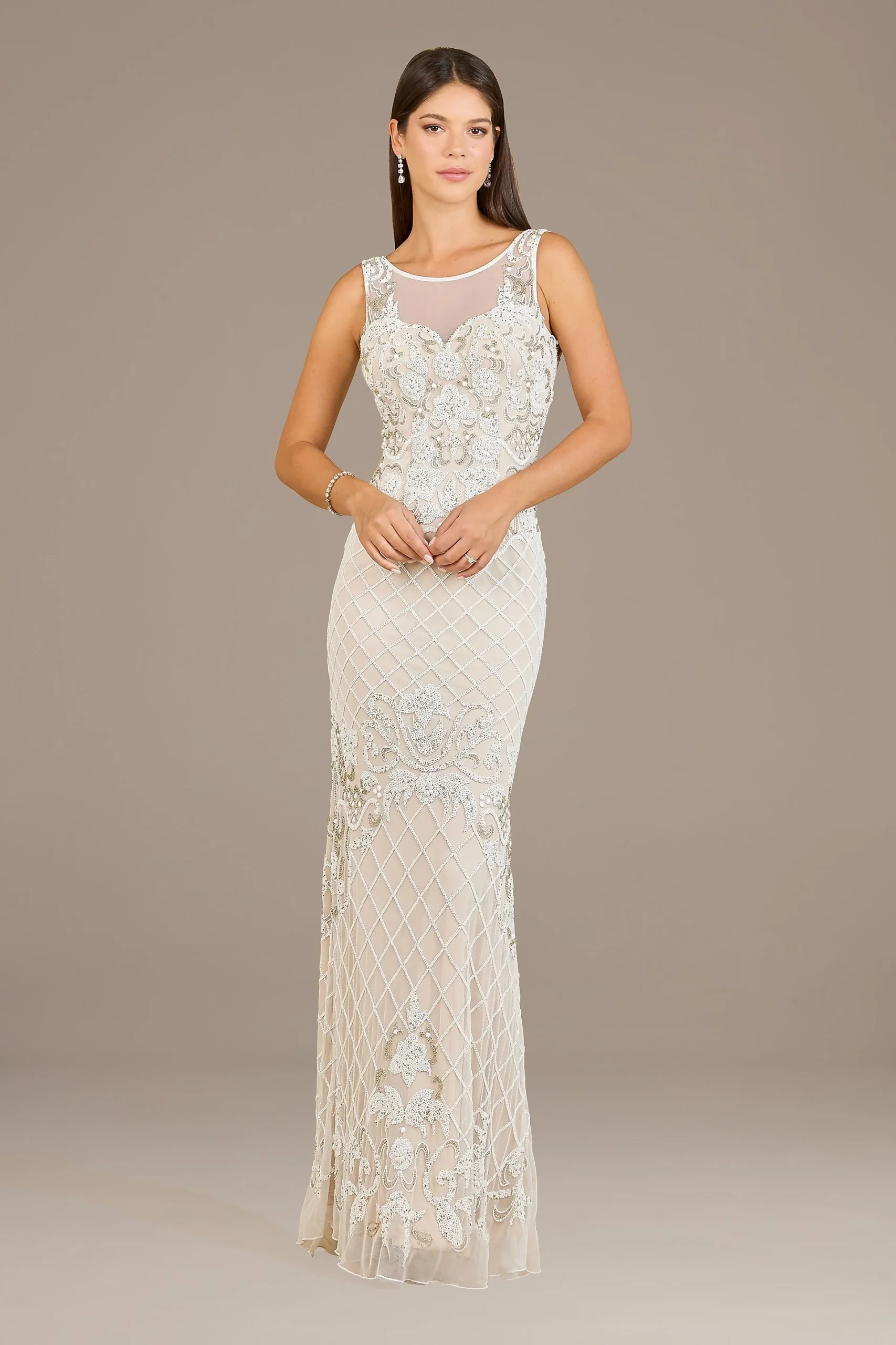 Lara Hyacinth Illusion High-Neck Beaded Gown