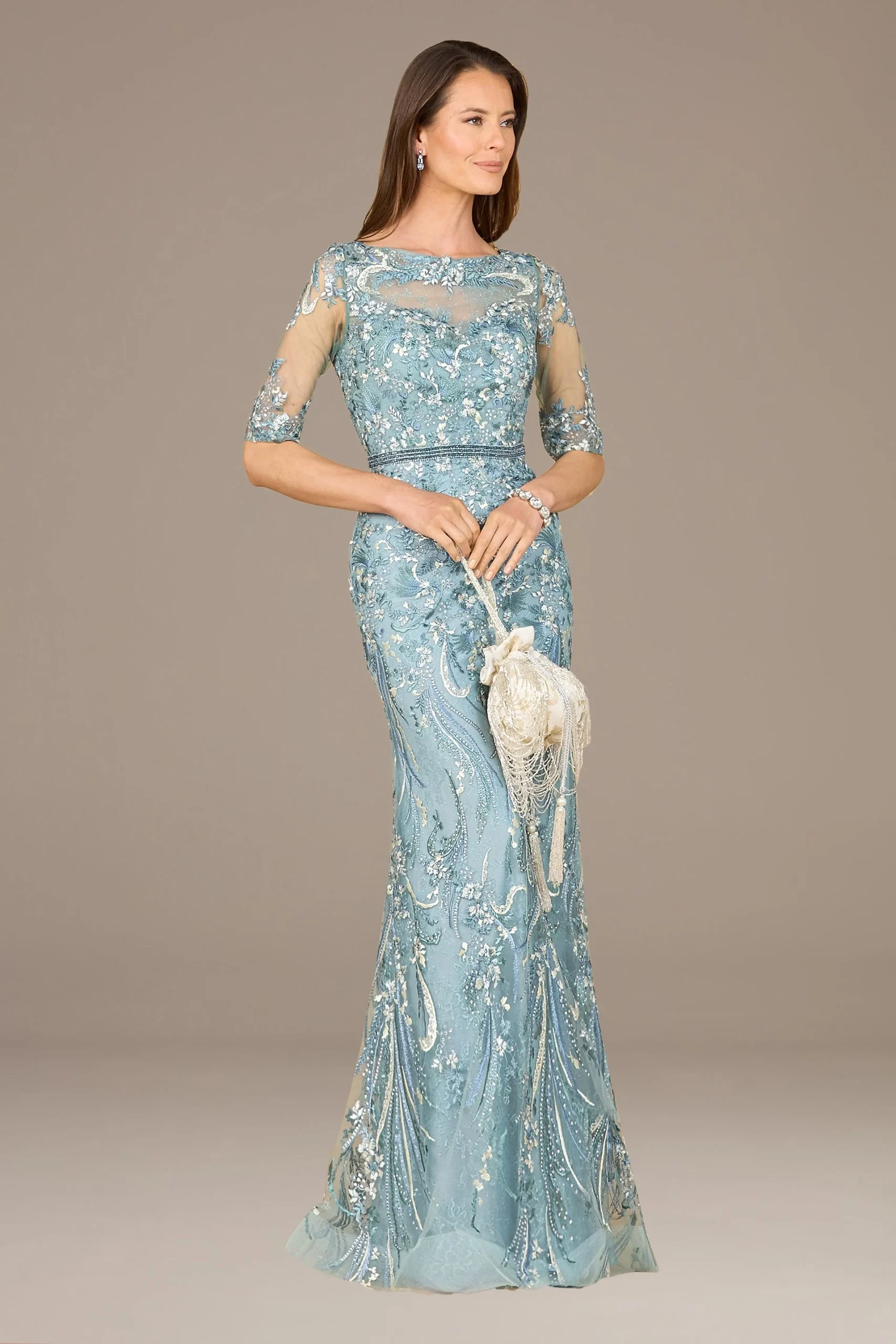 Lara Illusion High Neck Embroidered Mermaid Dress