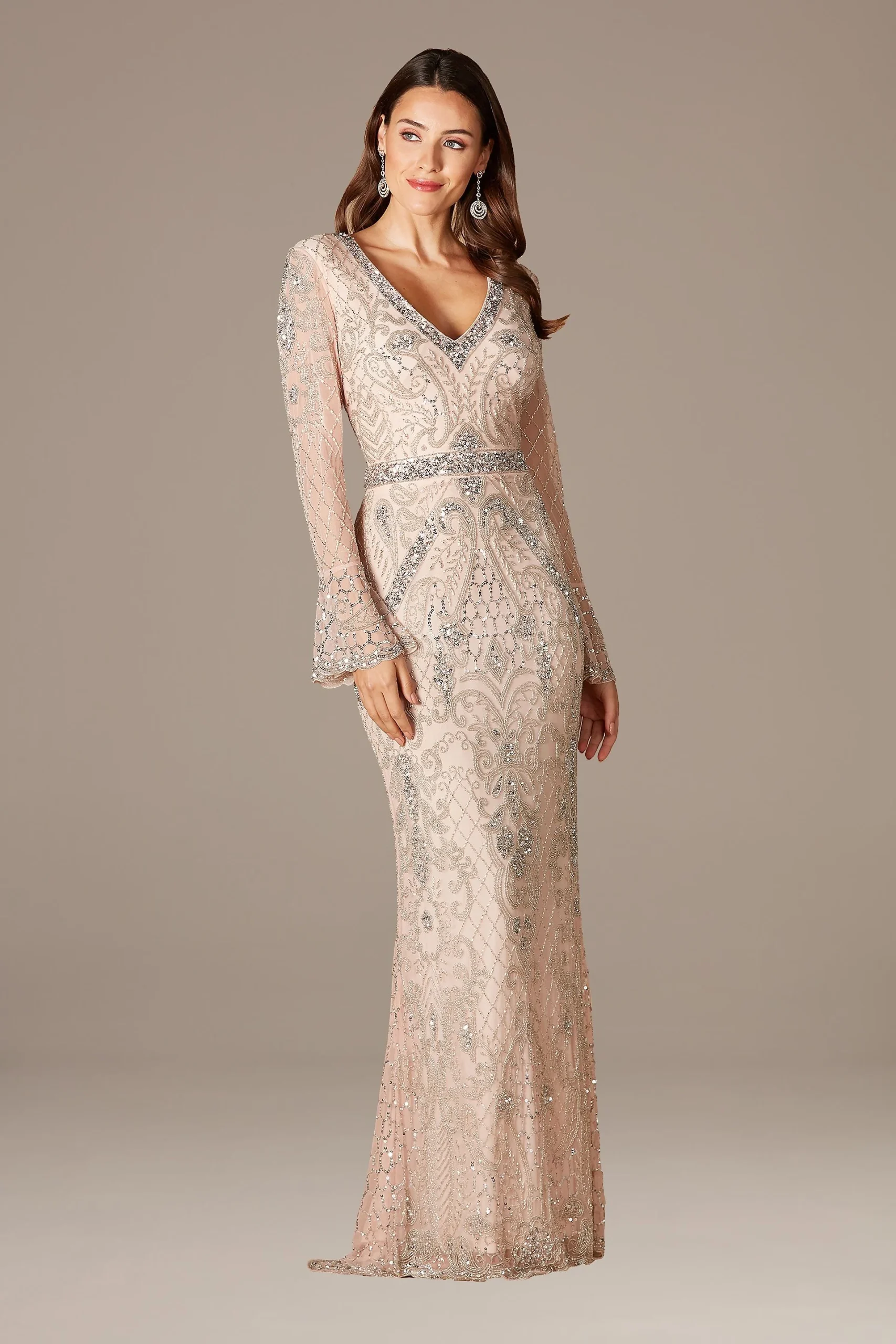 Lara Isabella Bell Sleeve Beaded Sheath Dress