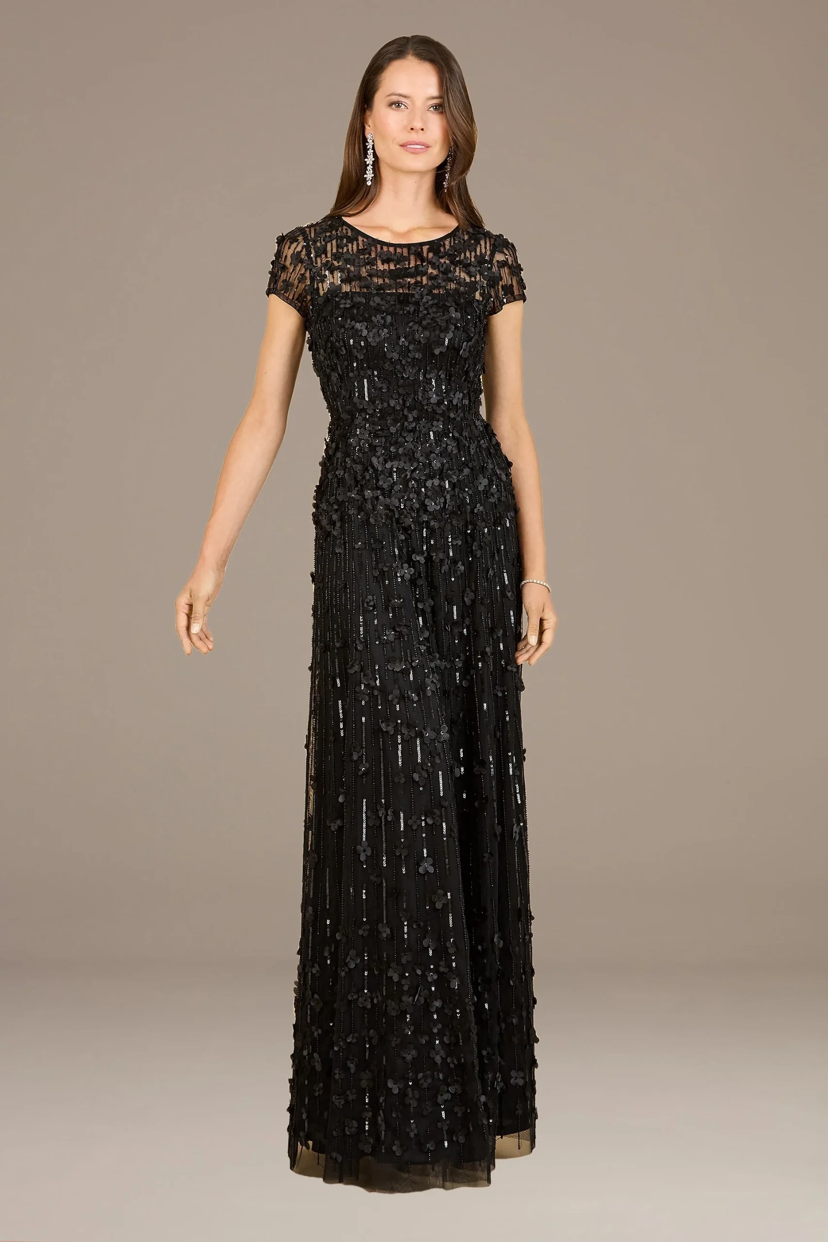 Lara A-Line Short Sleeve Beaded Floral Gown