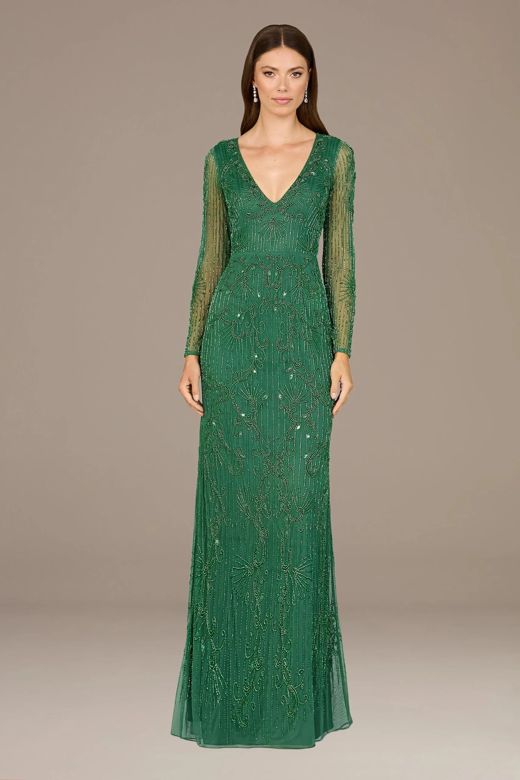 Lara Long Sleeve Beaded V-Neck Sheath Dress