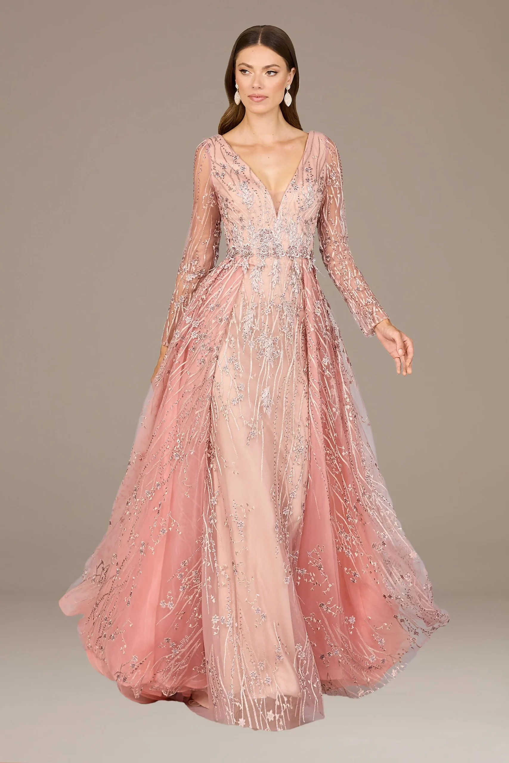 Lara Long Sleeve Embroidered Gown with Overskirt