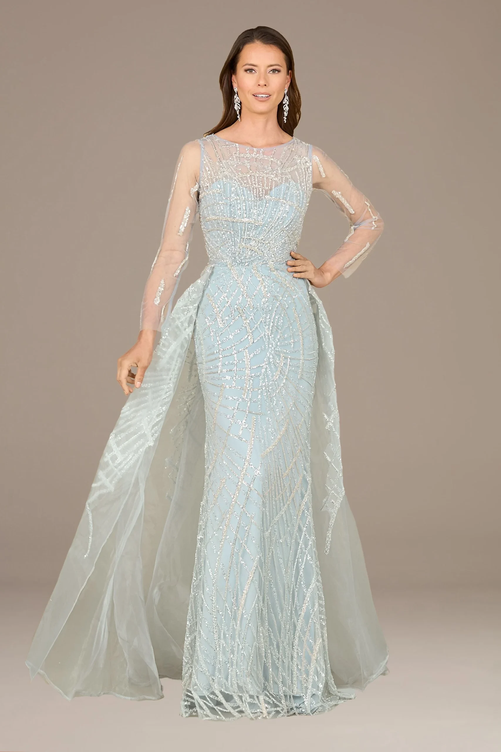 Lara Long Sleeve Organza Gown with Overskirt