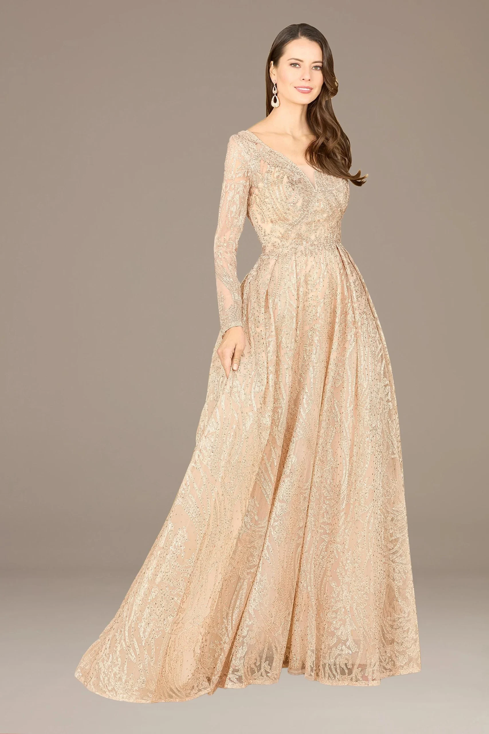 Lara Long Sleeve V-Neck Embroidered Gown