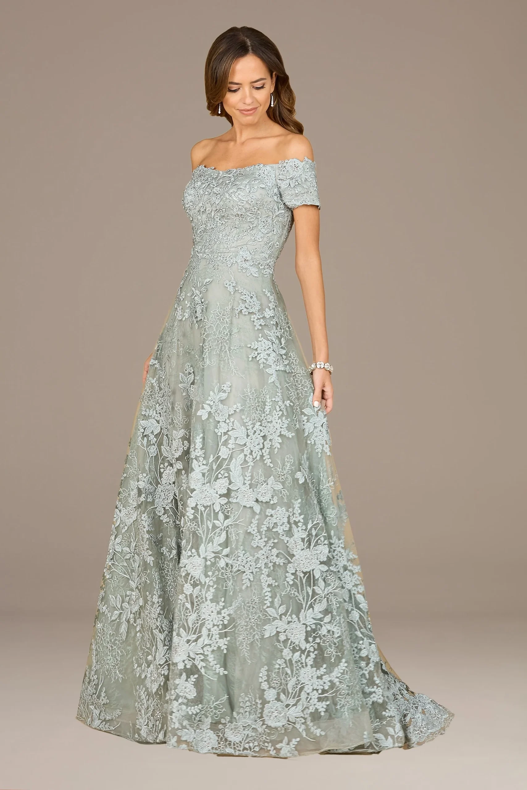 Lara Off-the-Shoulder Embroidered Ball Gown Dress