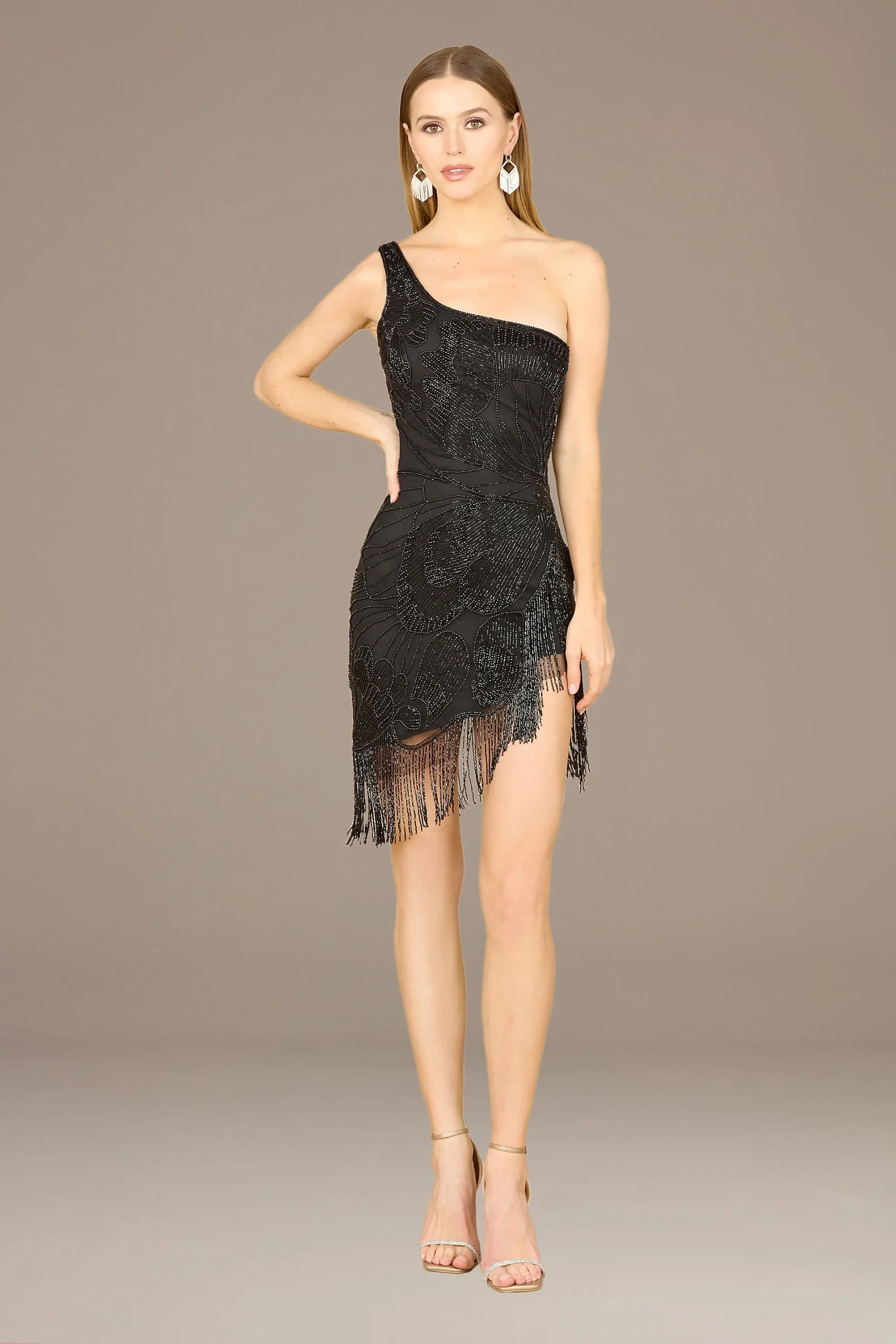 Lara One-Shoulder Beaded Sheath Dress with Fringe