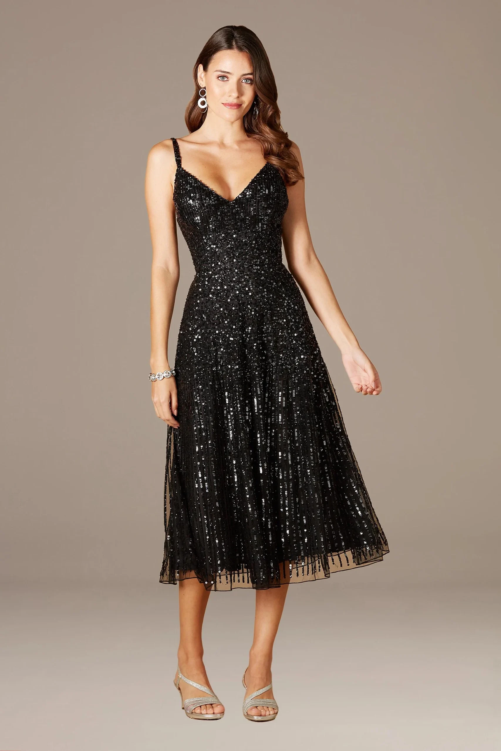 Lara Sequin Midi Dress with Spaghetti Straps