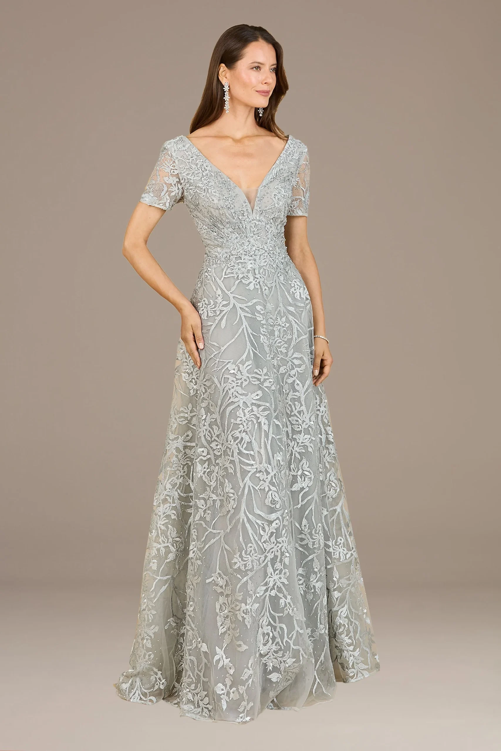 Lara Short Sleeve V-Neck Embroidered Ball Gown