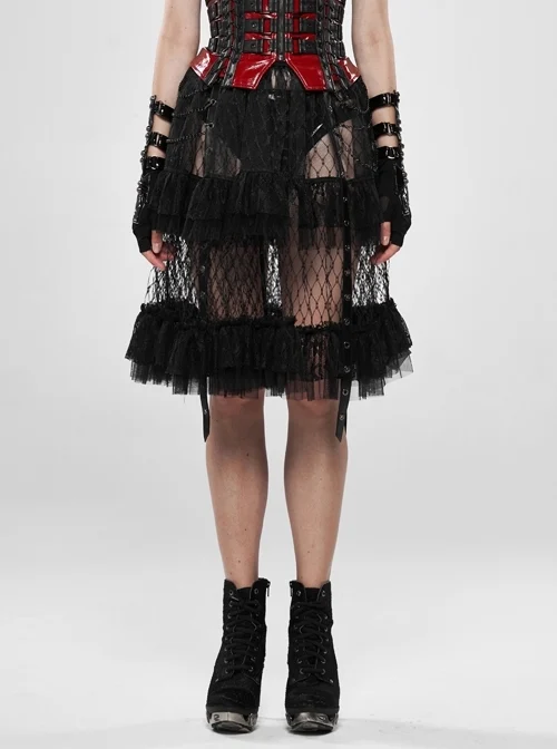 Large Coarse Mesh Restoring Ancient Ways Decorative Pattern Buckle Leather Strips Chain Decoration Lace Frill Hem Black Punk Skirt