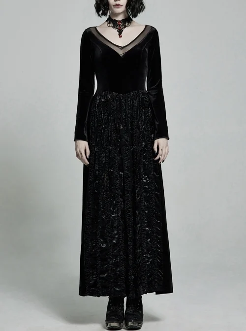 Large Collar Front Chest Splice Mesh Flare Sleeve Back Waist Lace-Up Black Gothic Knit Velvet Long Dress