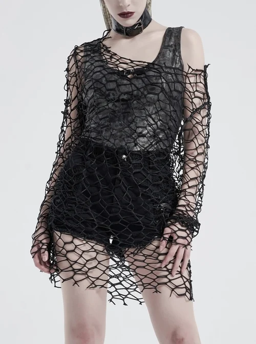 Large Round Collar Long Sleeve Black Punk Large Mesh T-Shirt
