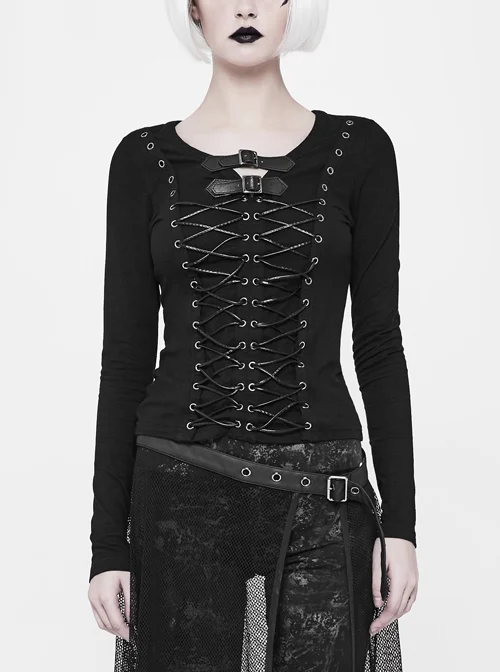 Leather Hasp Collar Front Metal Eyelets Lace-Up Long Sleeves Black Punk Knit T-Shirt