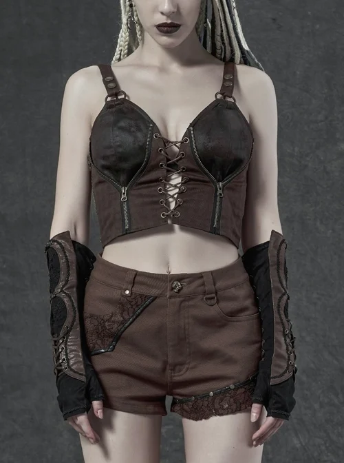 Leather Strap Front Chest Lace-Up Side Metal Zipper Brown Punk Short Vest