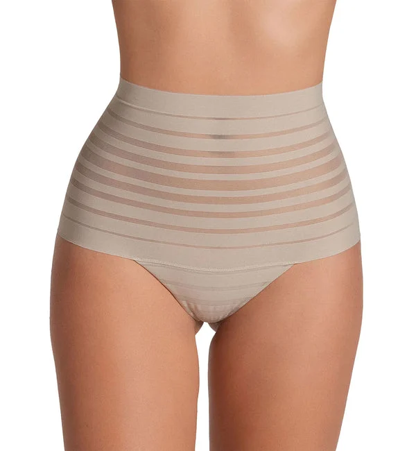 Leonisa Slimming Lace Stripe High-Waisted Thong Panty (012890) - Nude