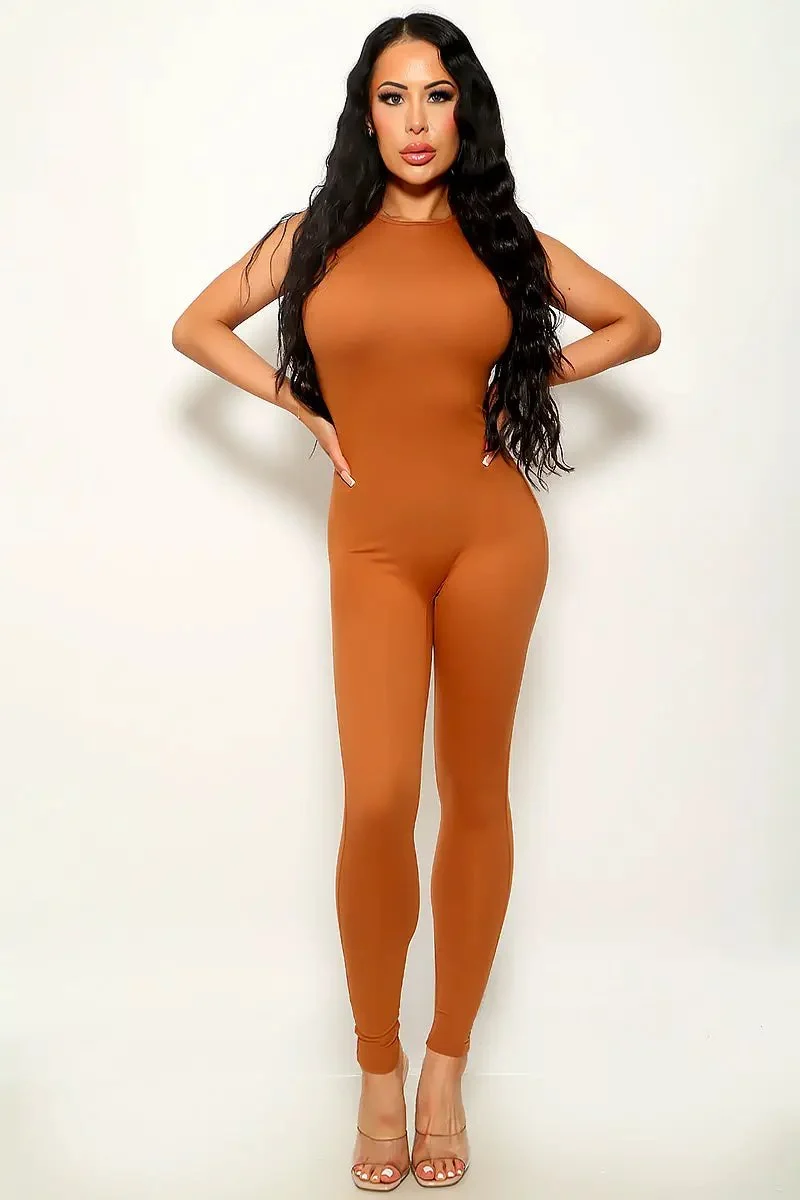 Light Brown Stretchy Faux Suede Sleeveless Sexy Fitted Jumpsuit