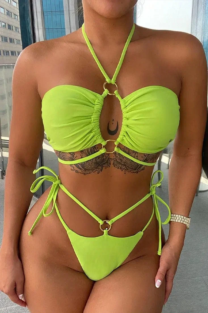 Lime O-Ring Strappy Halter Bandeau Thong 2Pc Swimsuit Set Bikini