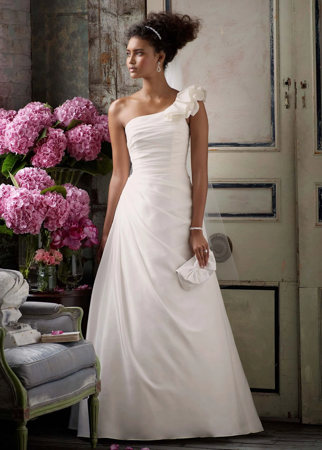 A-line TaffetaGown with One Shoulder Detail