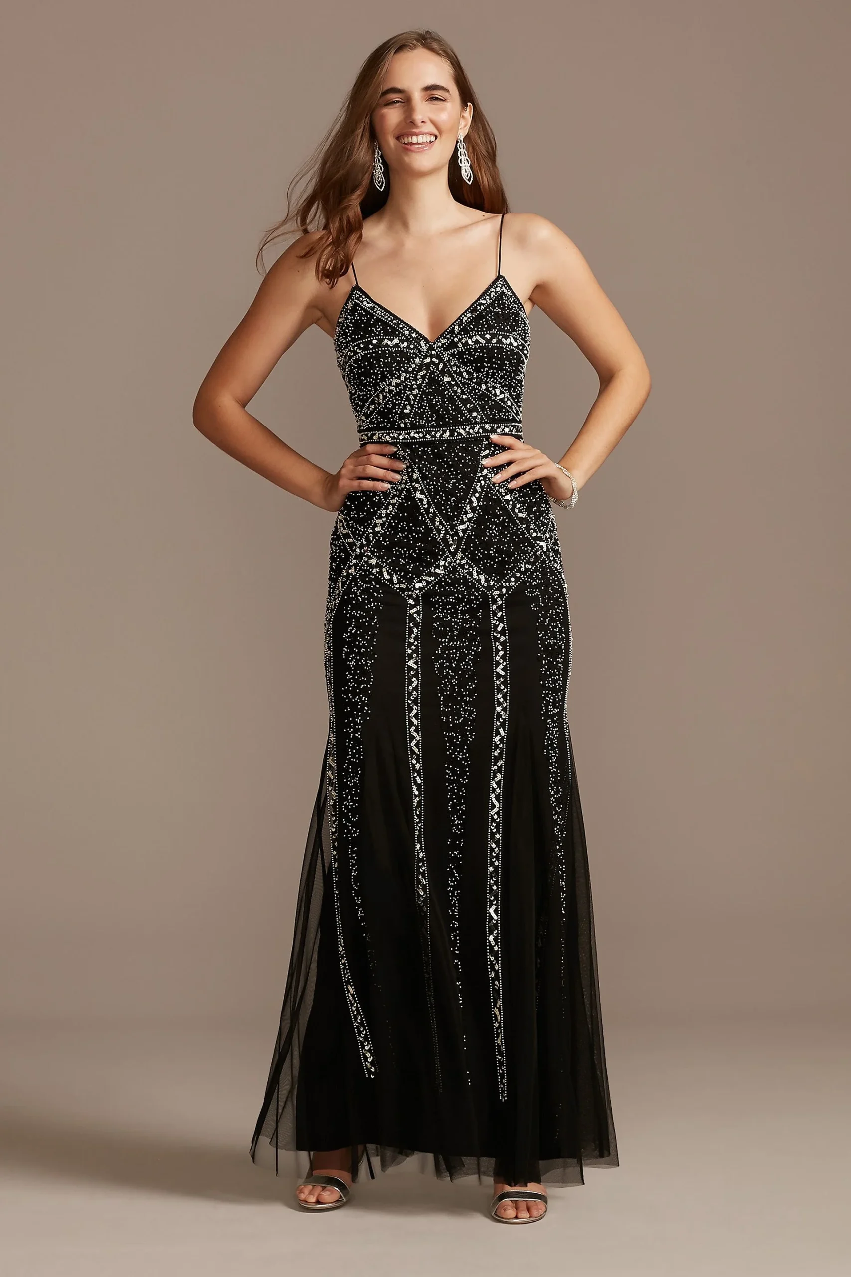 Linear Bead and Sequin Spaghetti Strap Dress