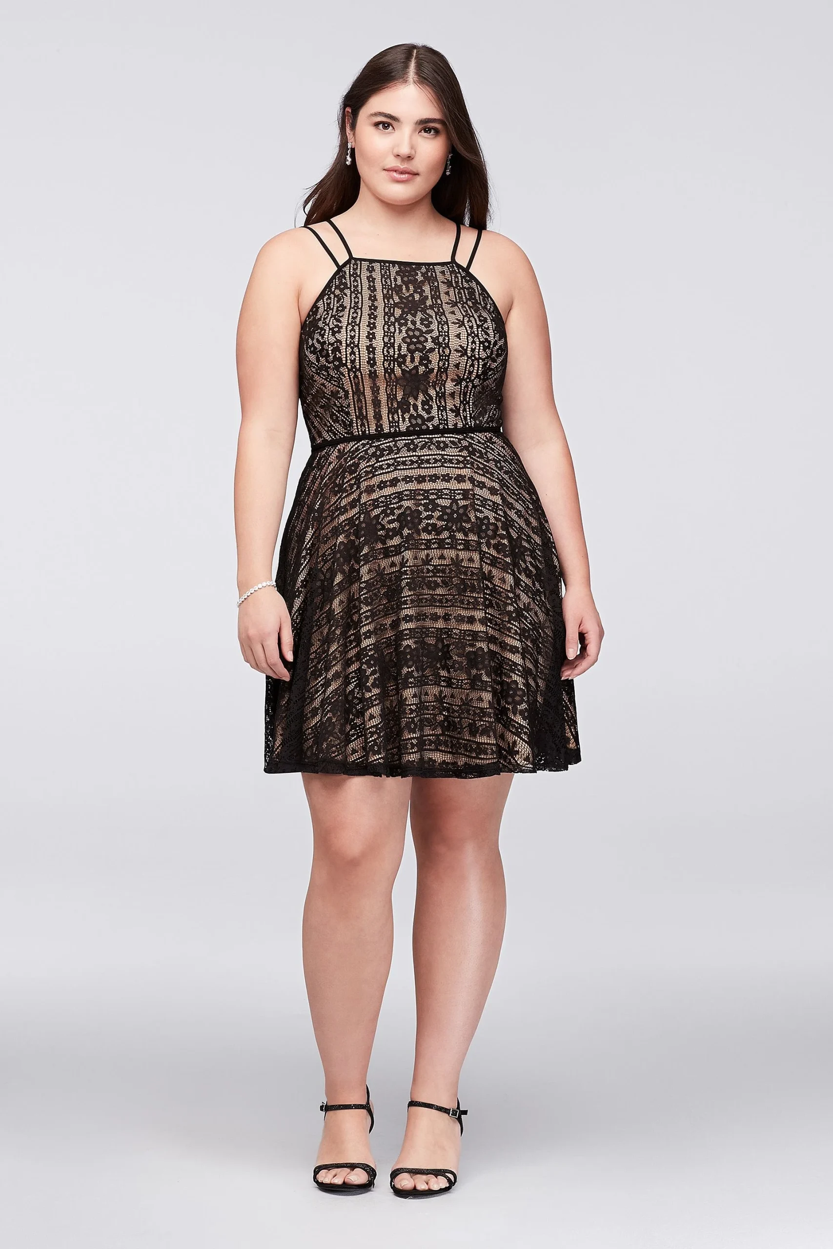 Linear Lace Fit-and-Flare Dress with Double Straps