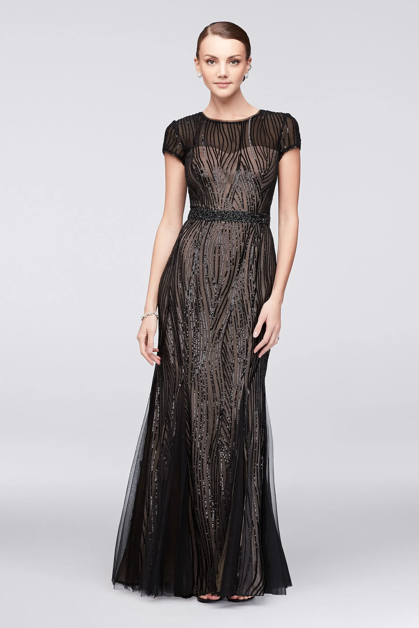 Linear Sequin Short Sleeve Gown with Beaded Waist
