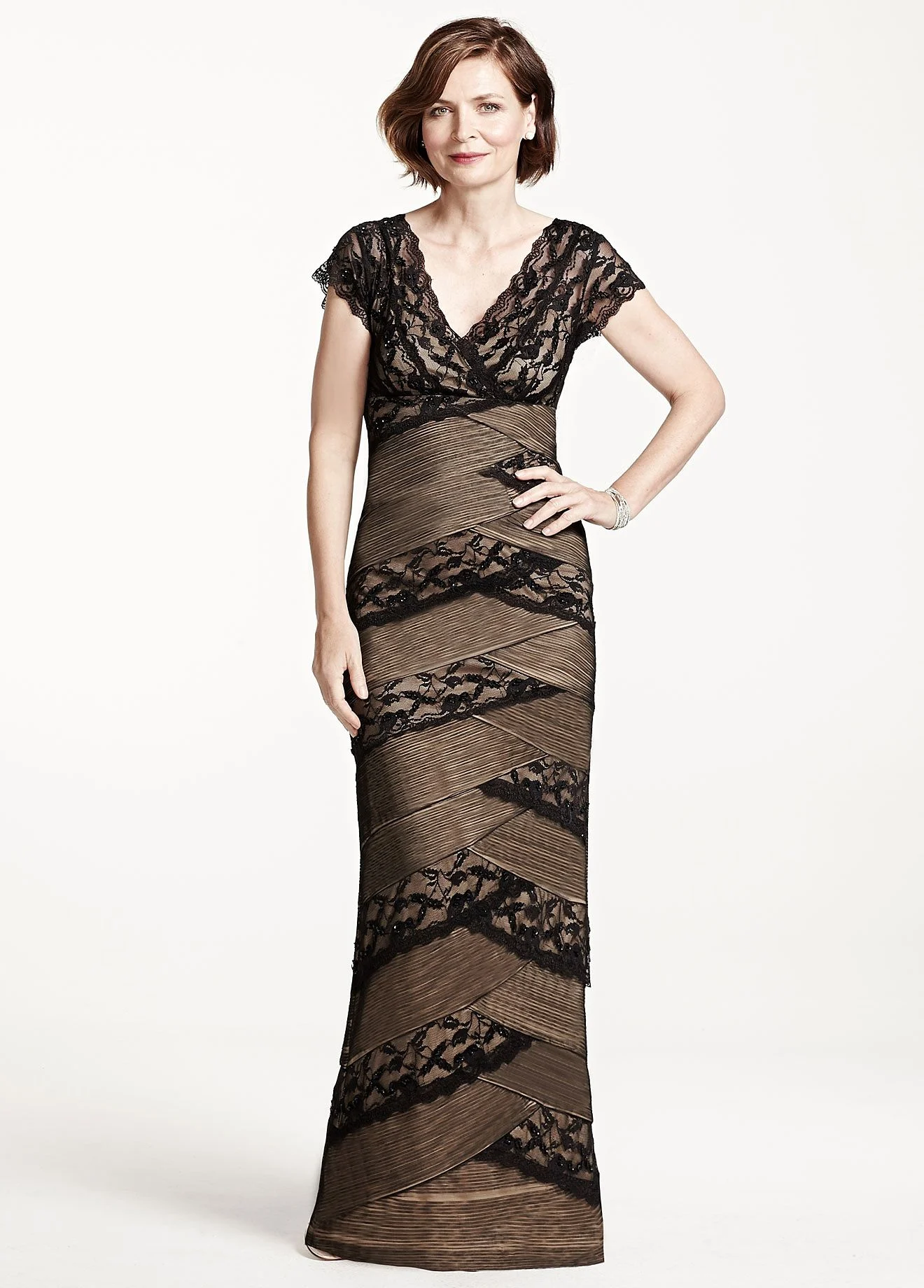 Long Beaded Stretch Lace Dress with Cap Sleeves