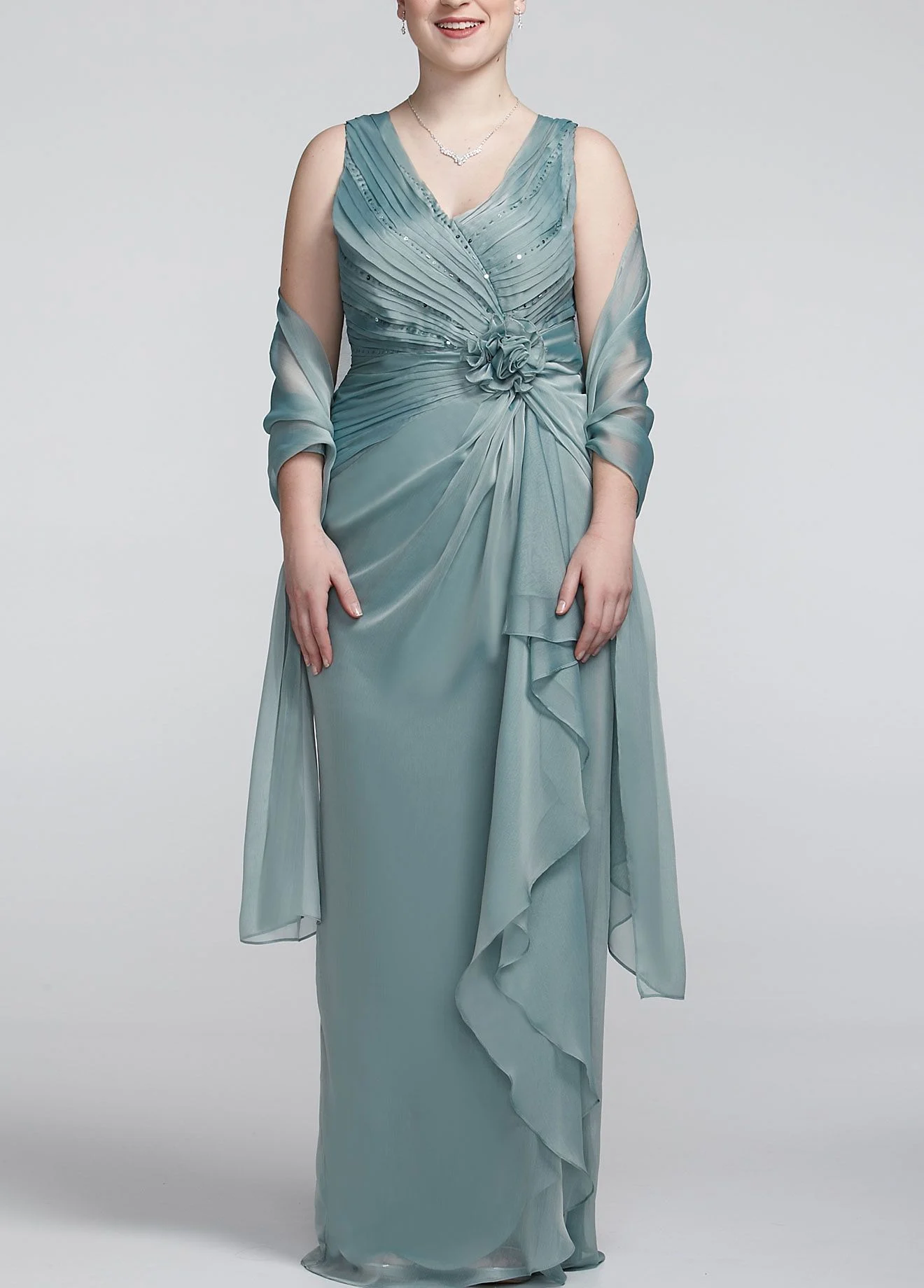 Long Chiffon Dress with Floral Detail and Beading