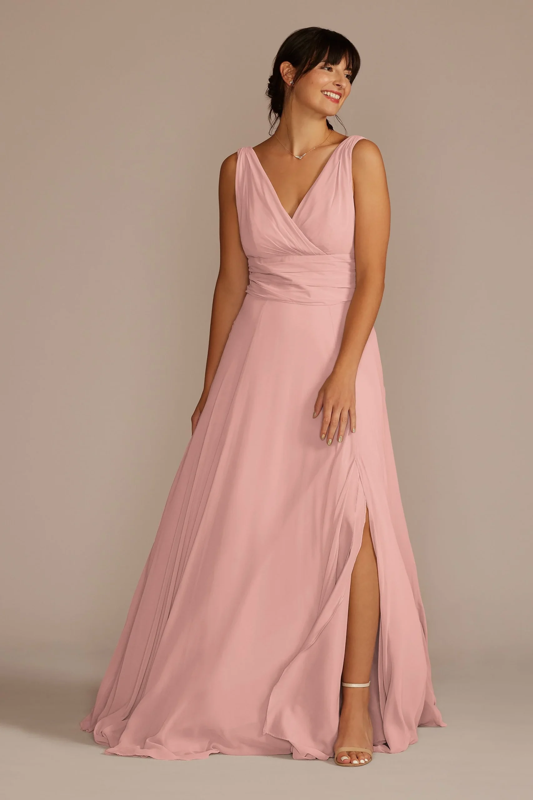 Long Chiffon Surplice Tank Bridesmaid Dress