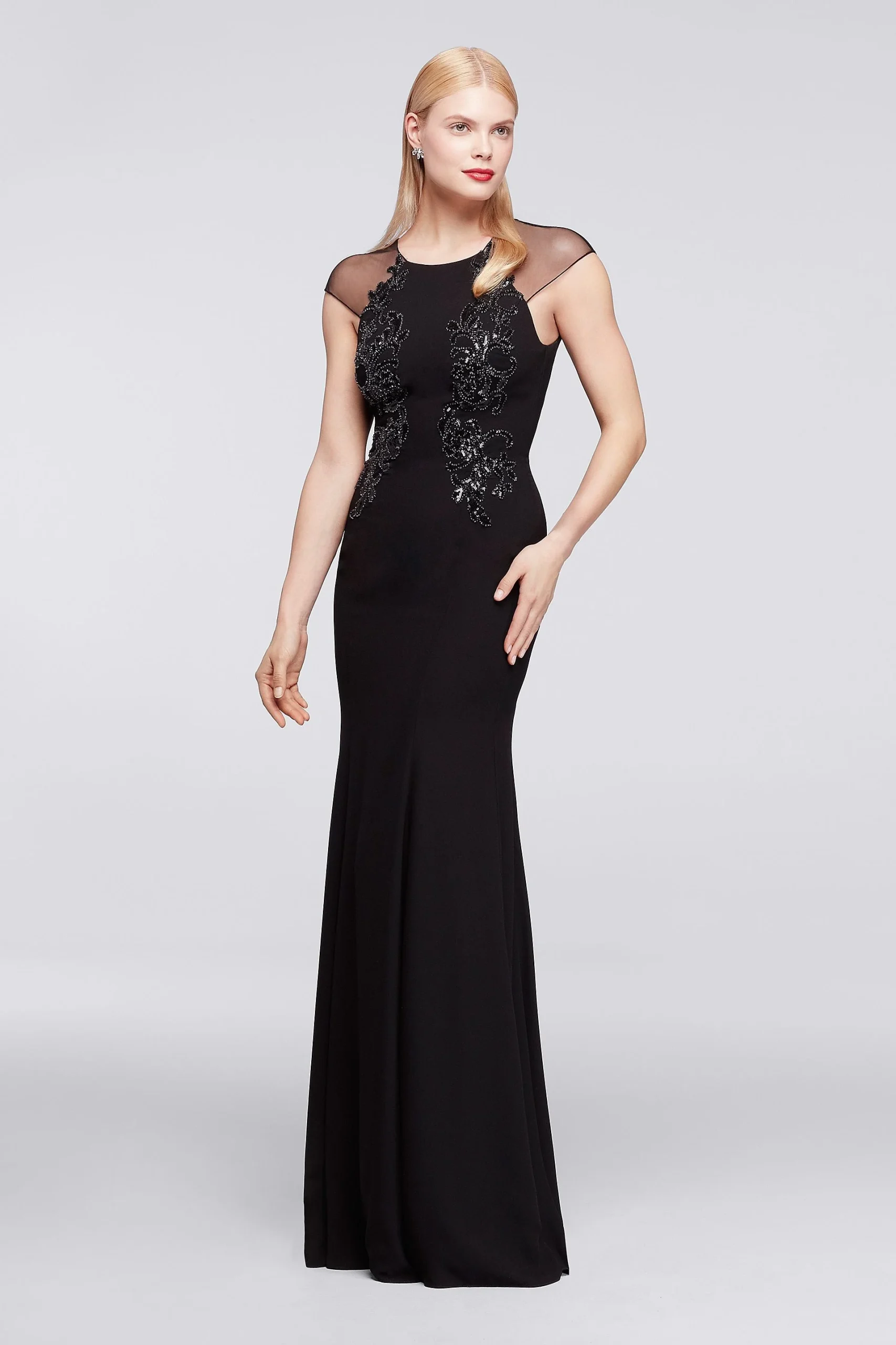 Long Dress with Sheer Cap Sleeves and Appliques