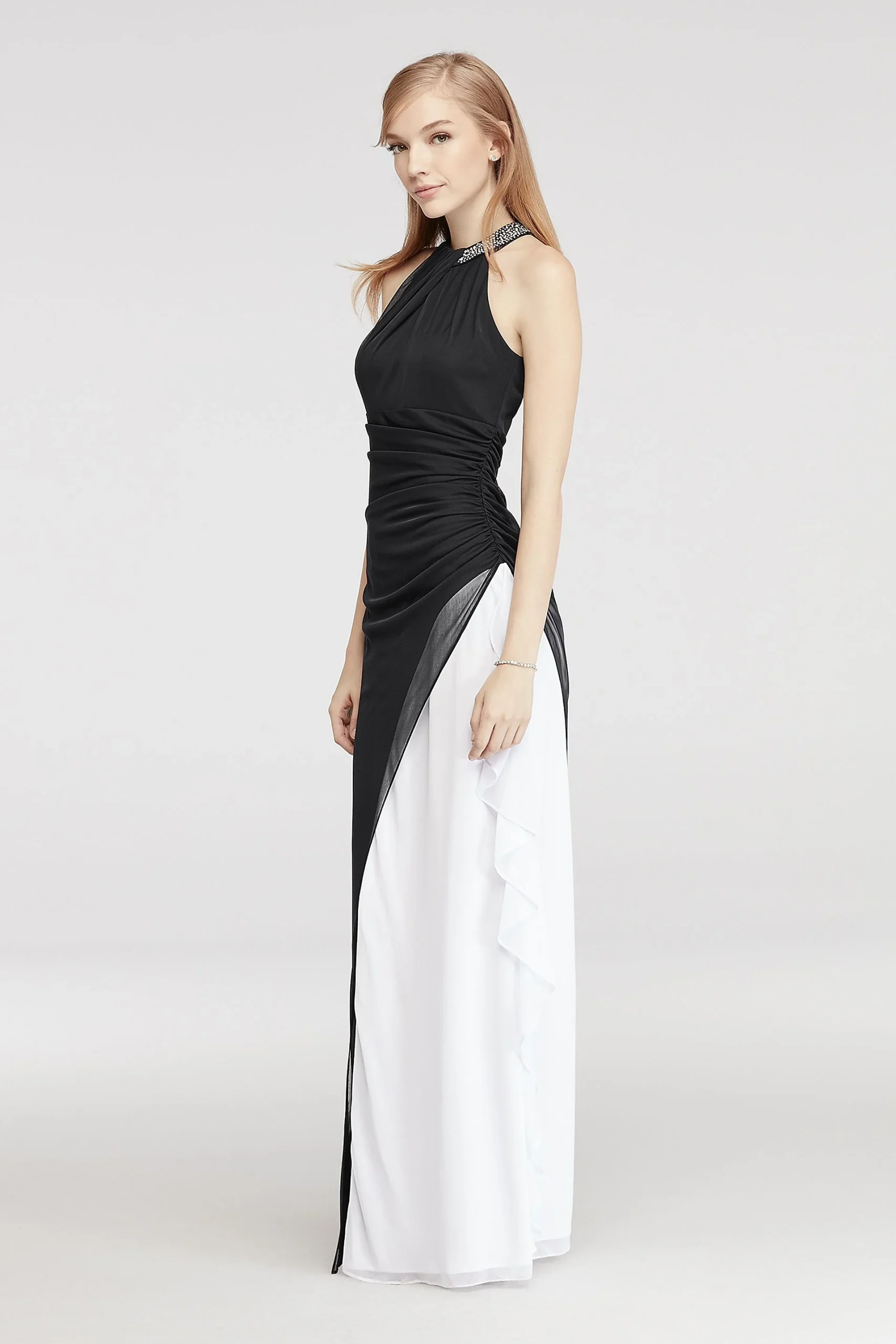 Long Embellished Halter Neck Mesh Dress