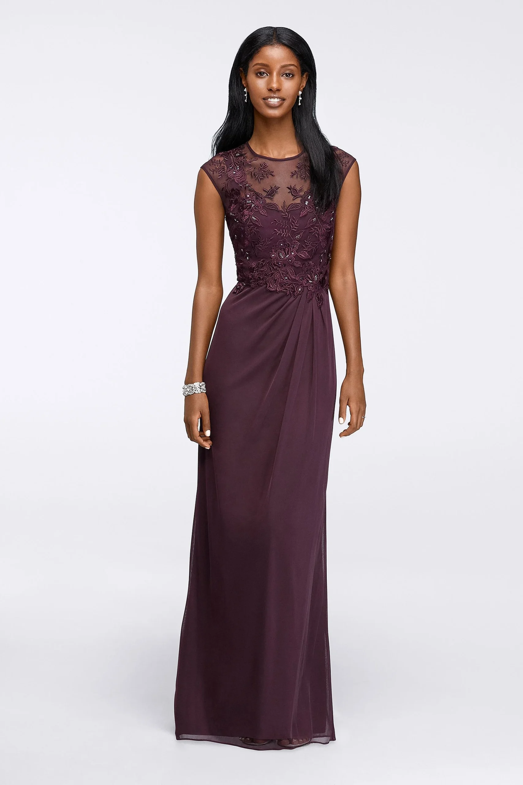 Long Embroidered Cap-Sleeve Gown