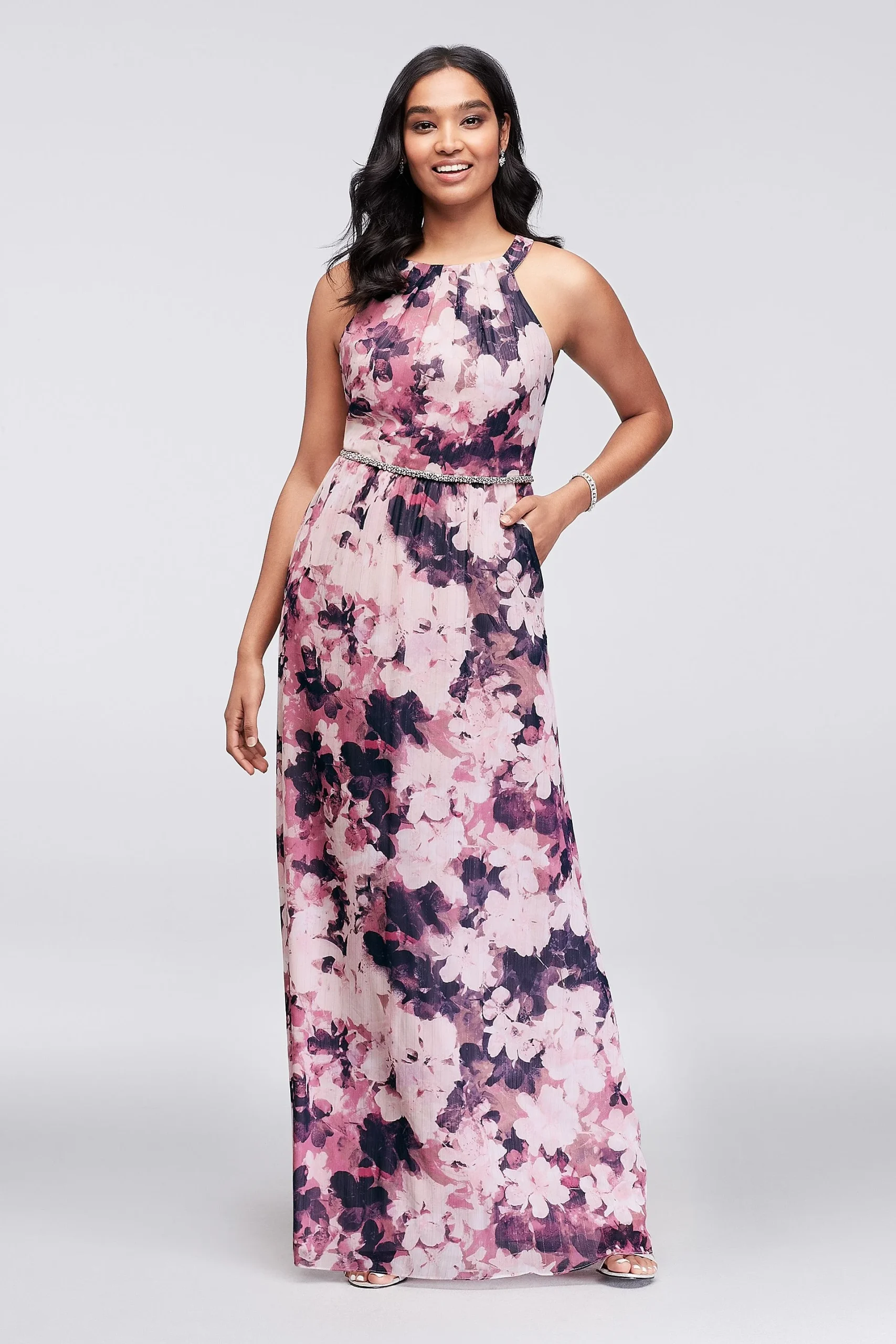 Long Floral Chiffon Dress with Beading