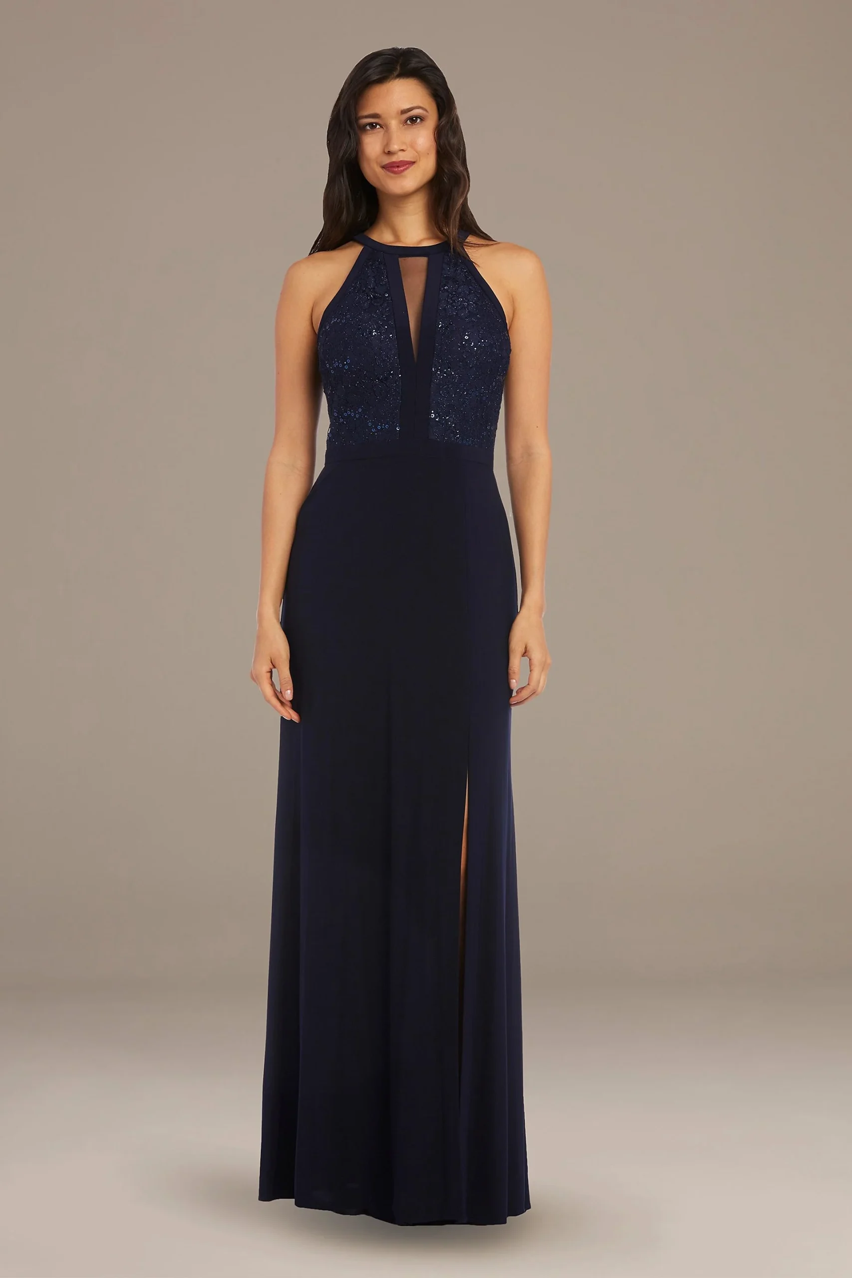 Long Halter Lace Dress with Illusion Cutout