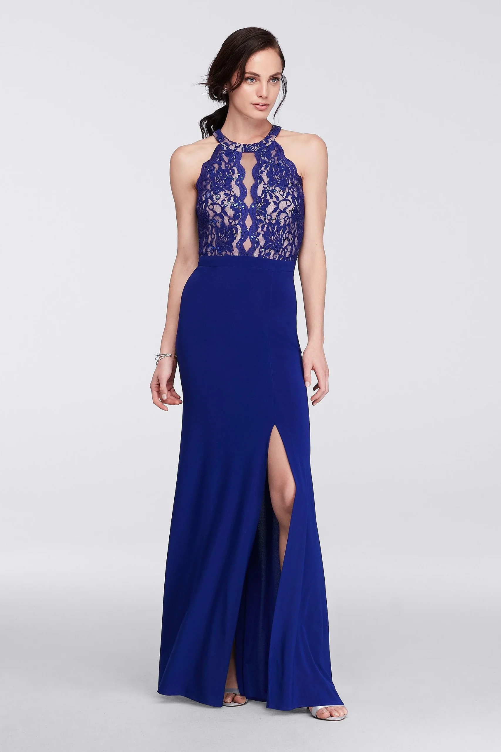 Long Halter Lace Dress with Illusion Keyhole