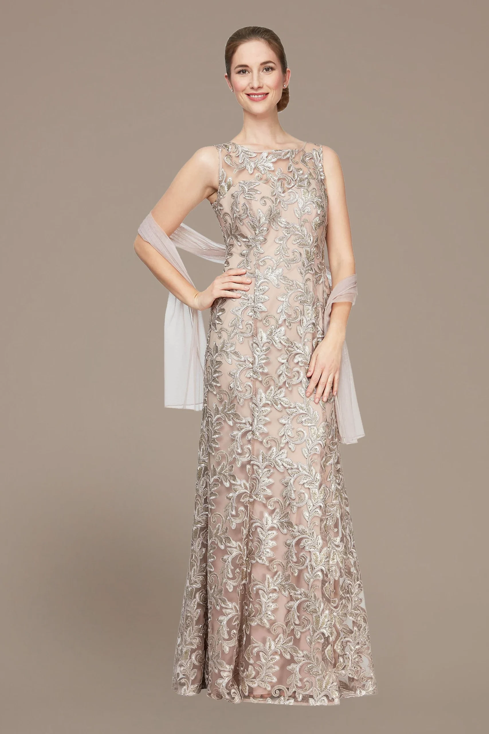 Long Illusion Neck Embroidered Dress with Shawl